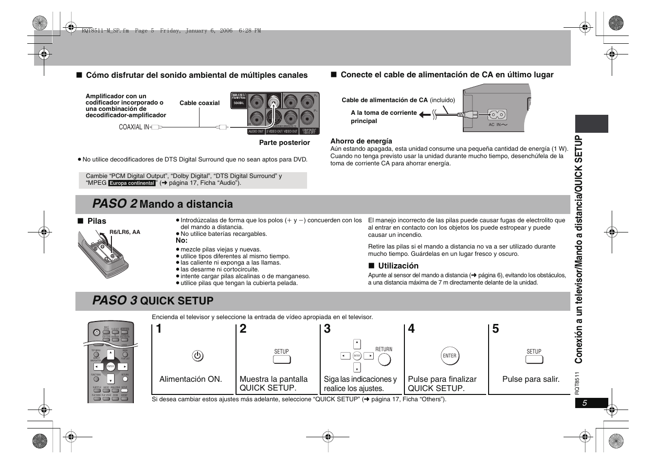 Paso 2, Paso 3, Mando a distancia | Quick setup | Panasonic DVDS42 User Manual | Page 5 / 24