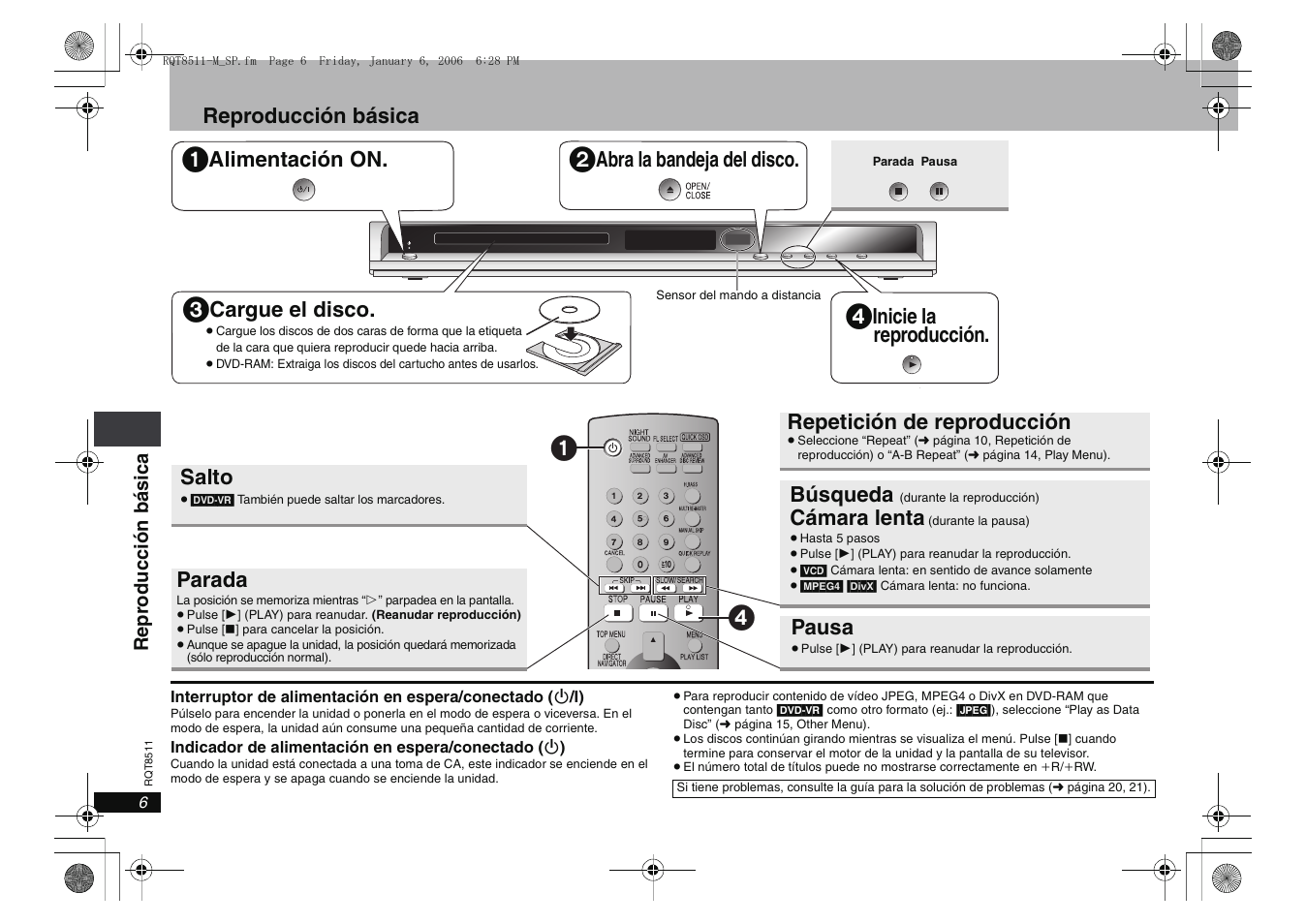 Reproducción básica, Alimentación on, Abra la bandeja del disco | Cargue el disco, Inicie la reproducción, Salto, Parada, Búsqueda, Cámara lenta, Pausa | Panasonic DVDS42 User Manual | Page 6 / 24