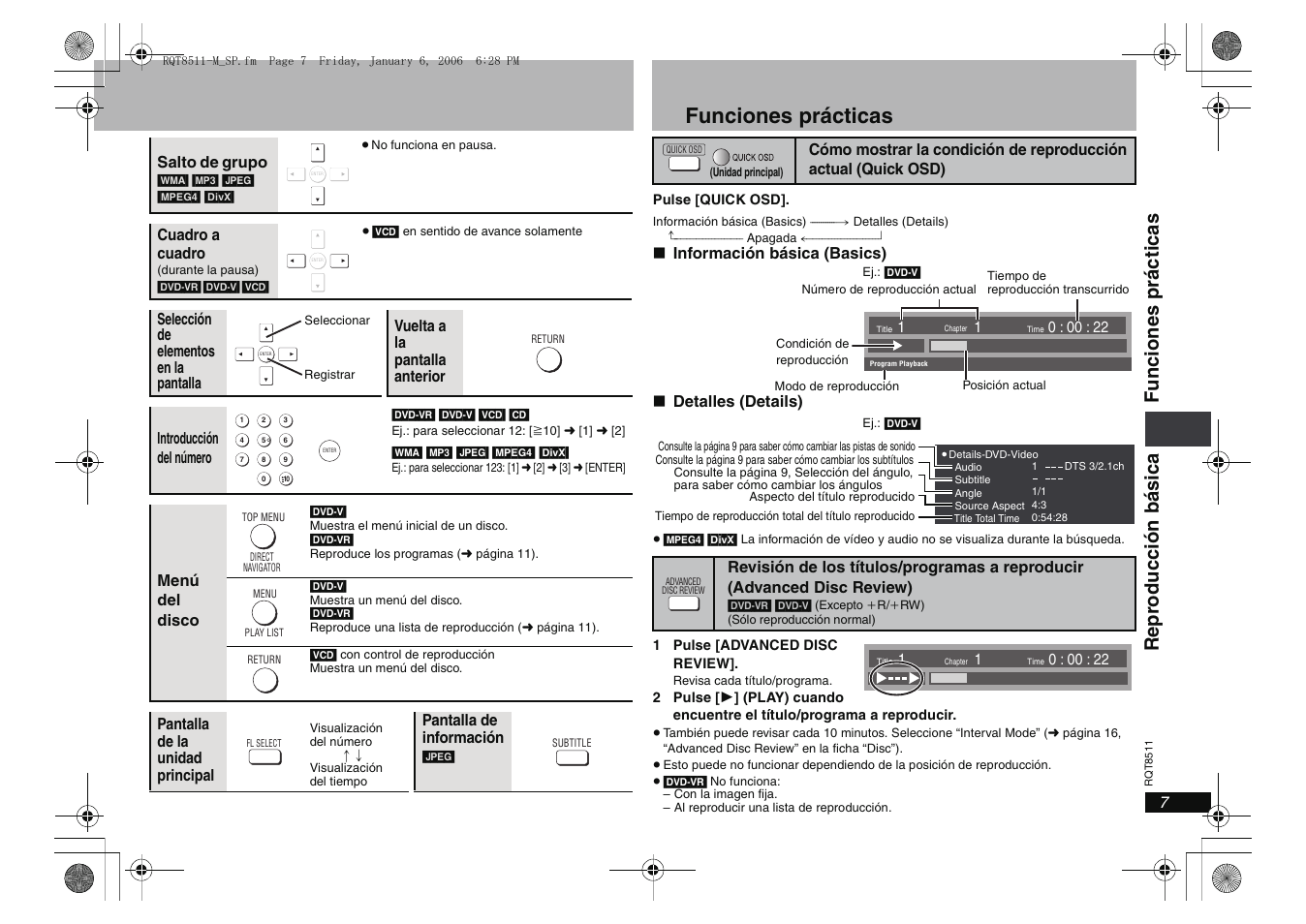 Funciones prácticas, Re pr oducci ón bá sica fun ciones prá c ti cas | Panasonic DVDS42 User Manual | Page 7 / 24