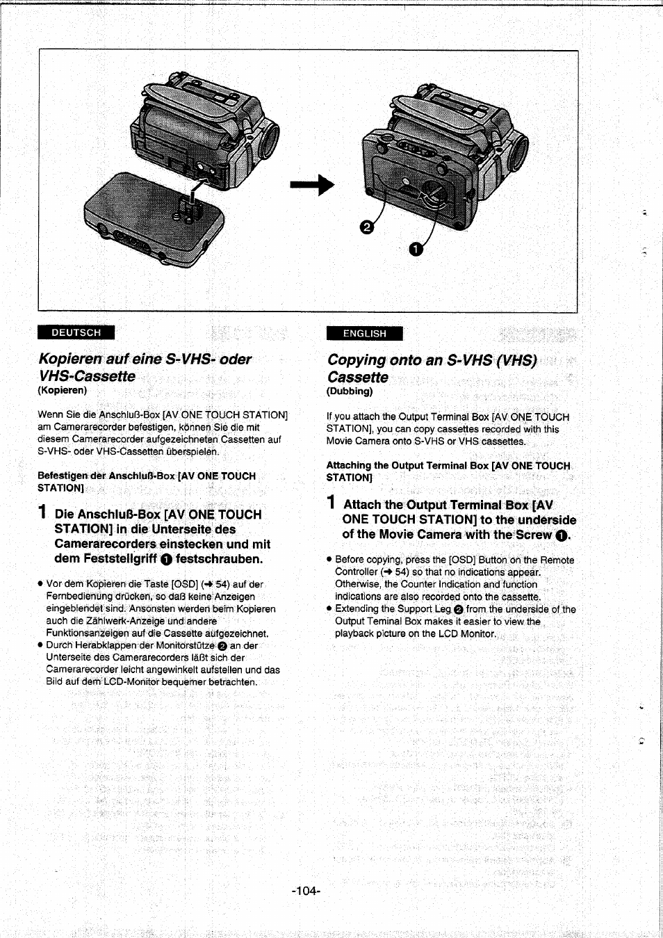 Kopieren auf eine s-vhs- oder vhs-cassette, Copying onto an s-vhs (vhs) cassette | Panasonic NVDS5EG User Manual | Page 104 / 184