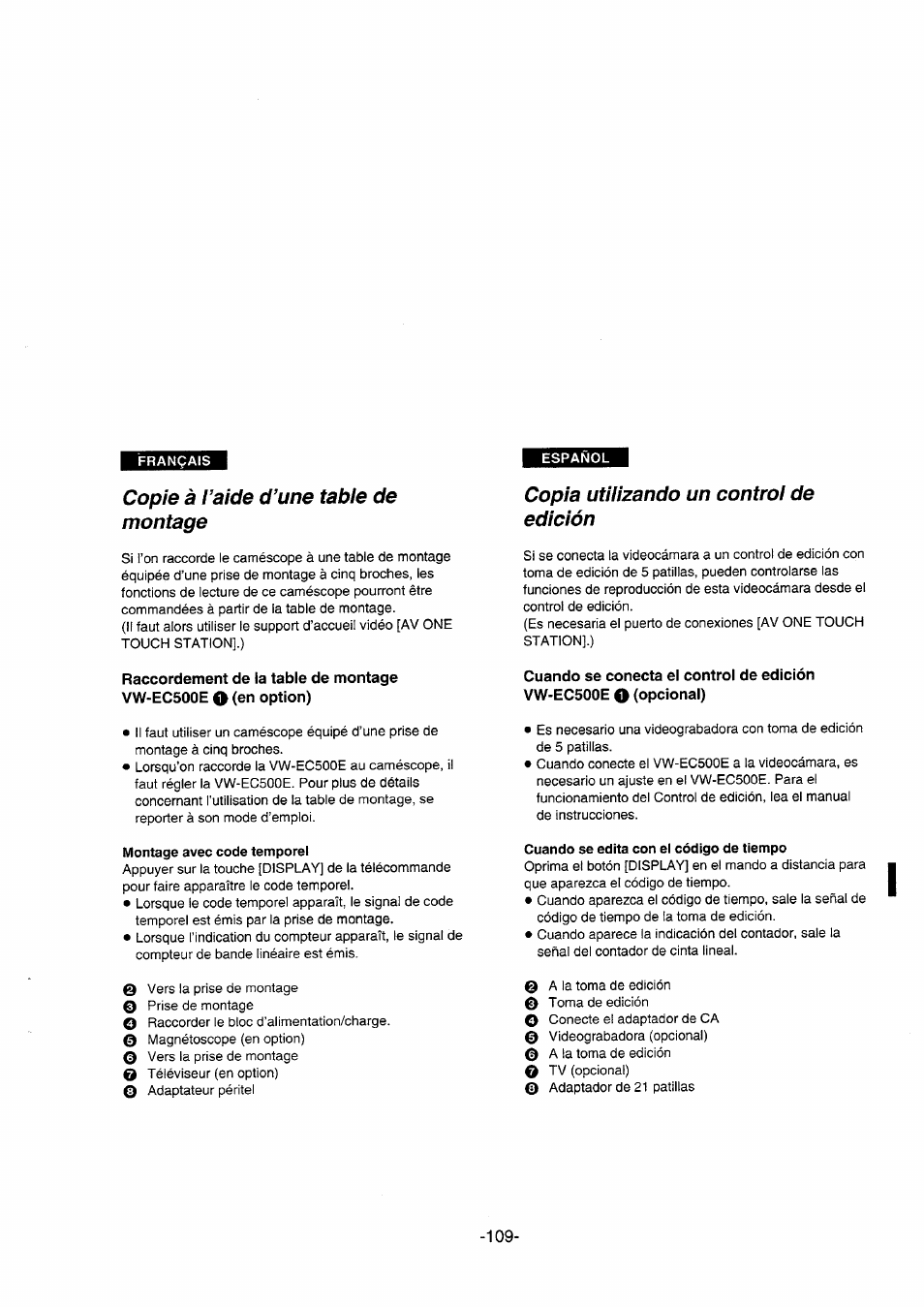 Copie à l’aide d’une table de montage, Copia utilizando un control de edición | Panasonic NVDS5EG User Manual | Page 109 / 184