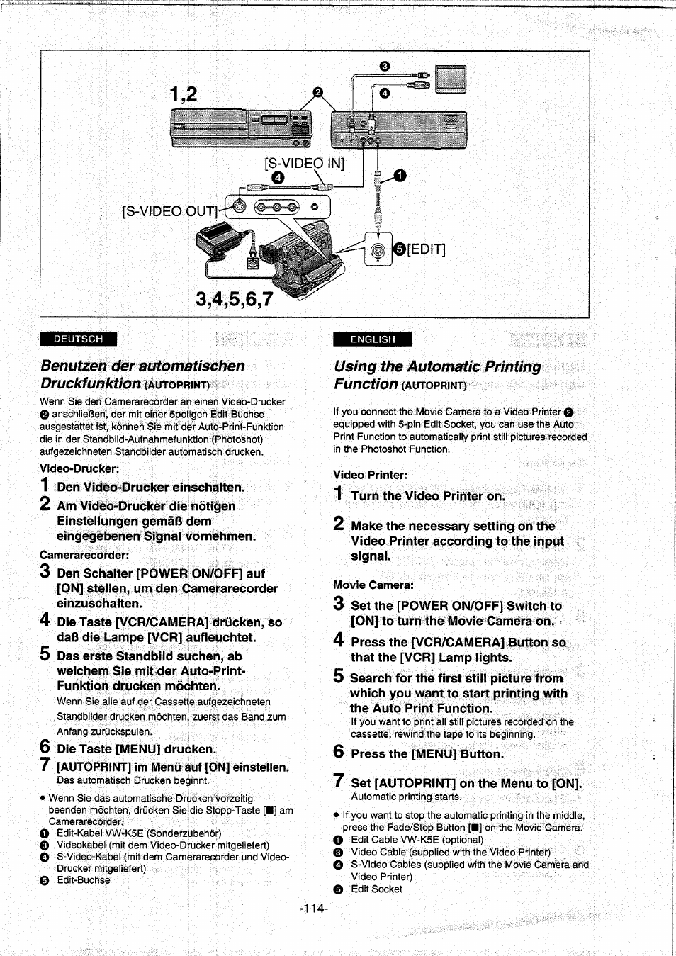 Video-drucker, Camerarecorder, 6 die taste [menu] drucken | Using the automatic printing, Video printer, Movie camera, 6 press the [menu] button, Benutzen der automatischen druckfunktion, Using the automatic printing function | Panasonic NVDS5EG User Manual | Page 114 / 184