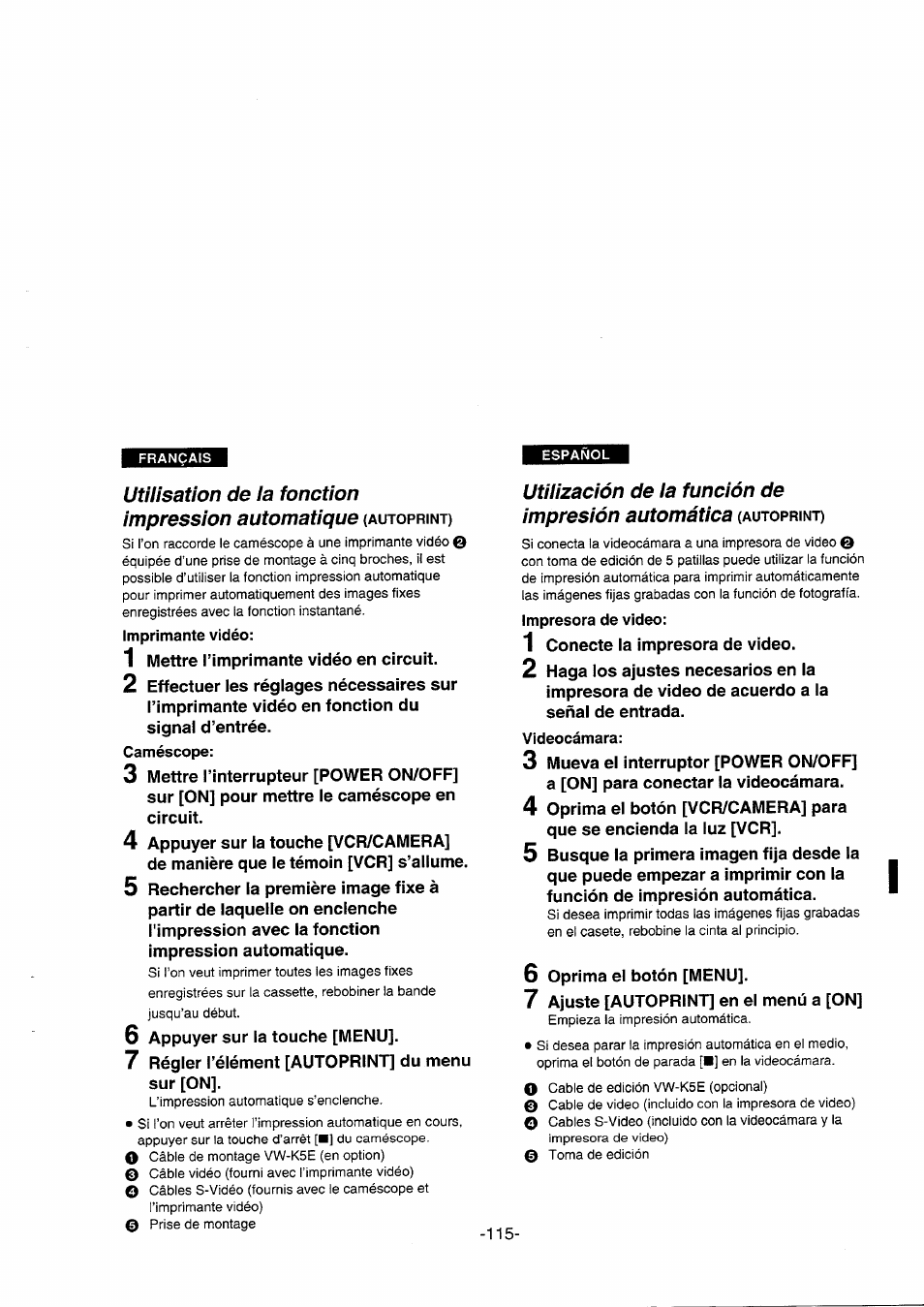 Imprimante vidéo, Caméscope, Impresora de video | Videocámara, Utilisation de la fonction impression automatique, Utilización de la función de impresión automática | Panasonic NVDS5EG User Manual | Page 115 / 184