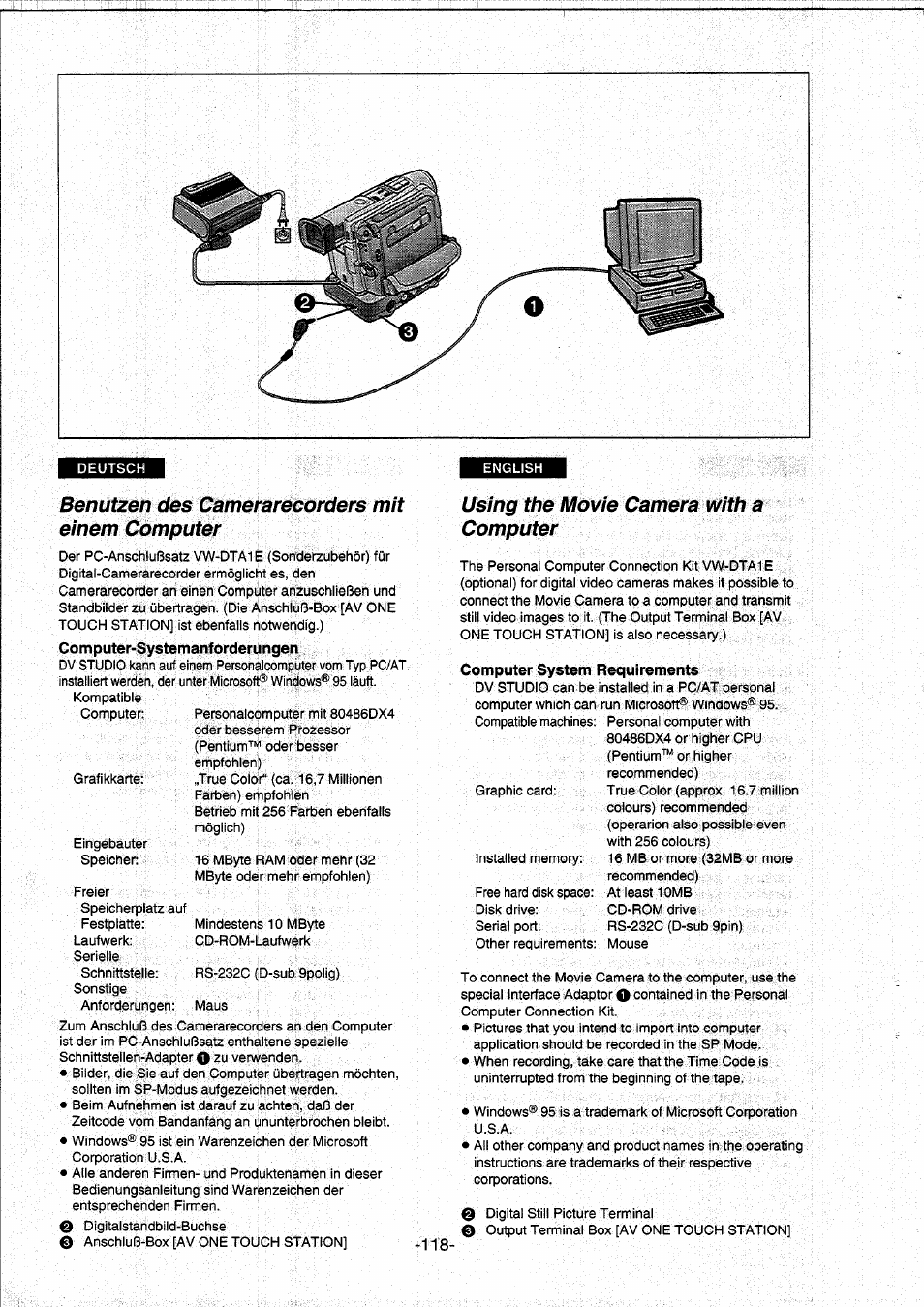 Benutzen des camerarecorders mit einem computer, Computer-systemanforderungen, Using the movie camera with a computer | Requirements, Benutzen des camerarecorders mit einem, Computer | Panasonic NVDS5EG User Manual | Page 118 / 184