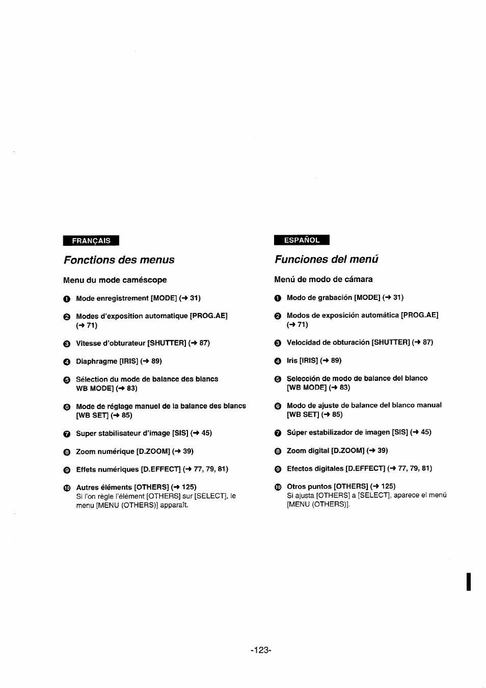 Fonctions des menus, Menu du mode caméscope, Funciones dei menú | Menú de modo de cámara, Fonctions de menu, Funciones del menú | Panasonic NVDS5EG User Manual | Page 123 / 184