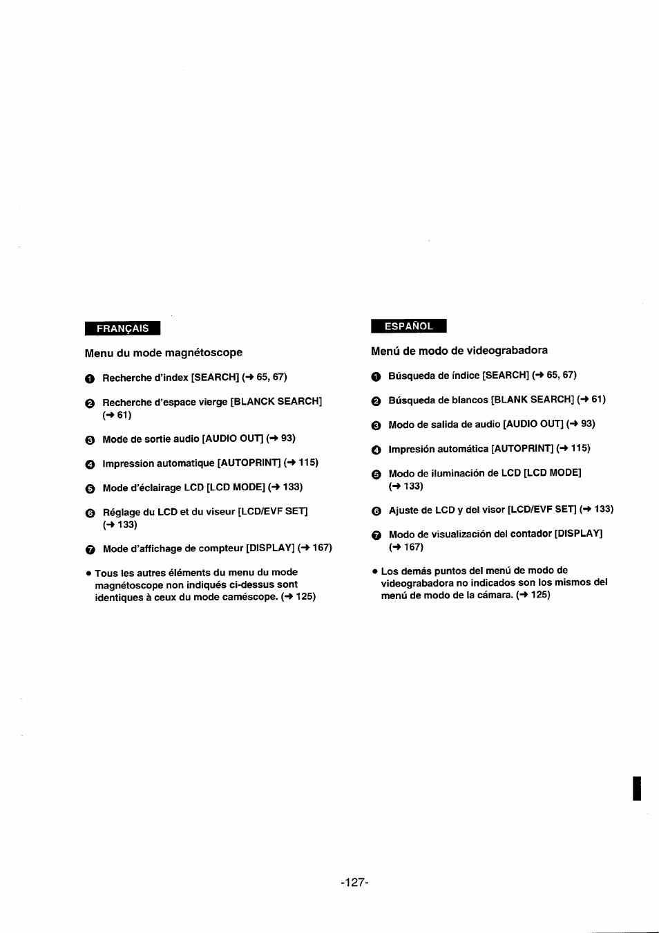 Menu du mode magnétoscope, Menú de modo de videograbadora | Panasonic NVDS5EG User Manual | Page 127 / 184