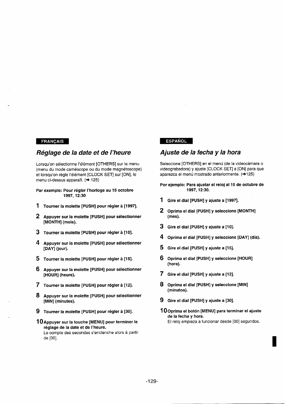 Réglage de la date et de l’heure, Ajuste de la fecha y la hora | Panasonic NVDS5EG User Manual | Page 129 / 184