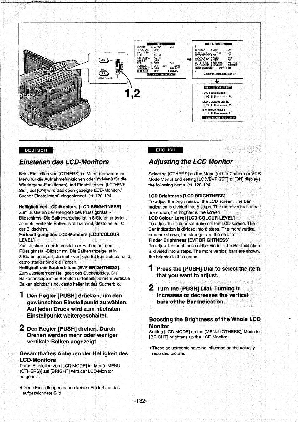 Ein stellen des lcd-monitors, Adjusting the lcd monitor, Einstellen des lcd-monitors | Panasonic NVDS5EG User Manual | Page 132 / 184