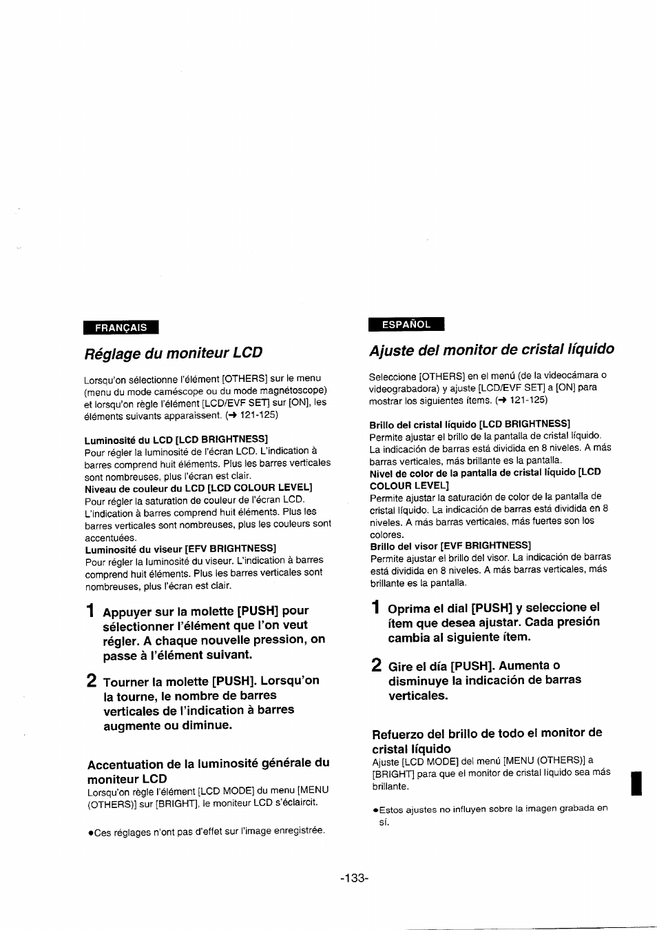 Réglage du moniteur lcd, Ajuste del monitor de cristal líquido | Panasonic NVDS5EG User Manual | Page 133 / 184