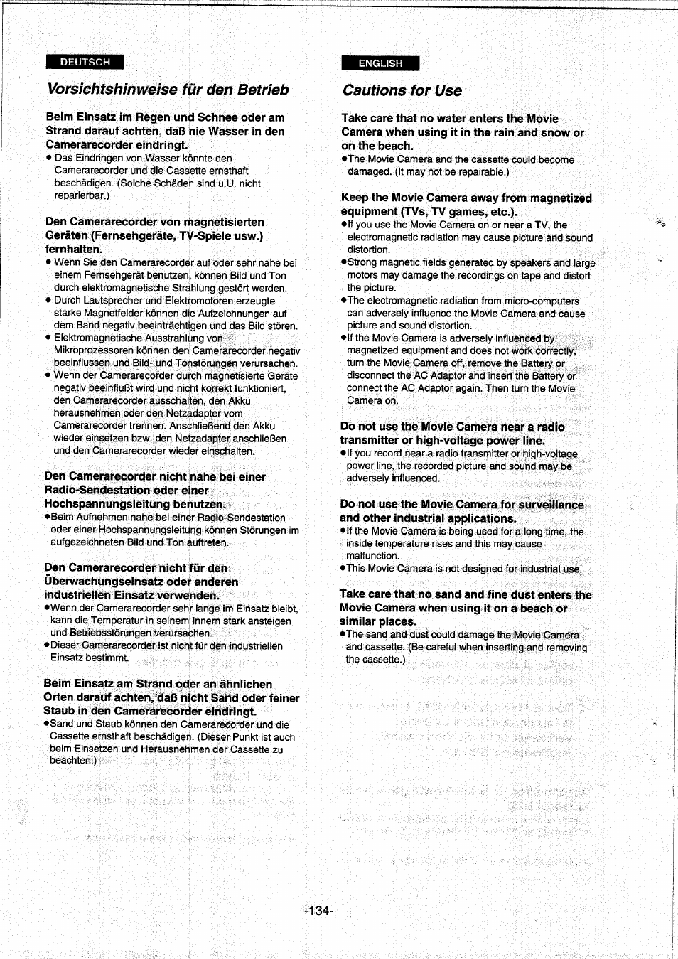 Vorsichtshinweise für den betrieb, Vorsichtshinweise für den betrieb cautions for use | Panasonic NVDS5EG User Manual | Page 134 / 184