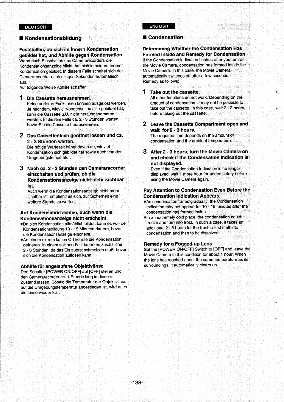 Kondensationsbüdung, Condensation | Panasonic NVDS5EG User Manual | Page 138 / 184