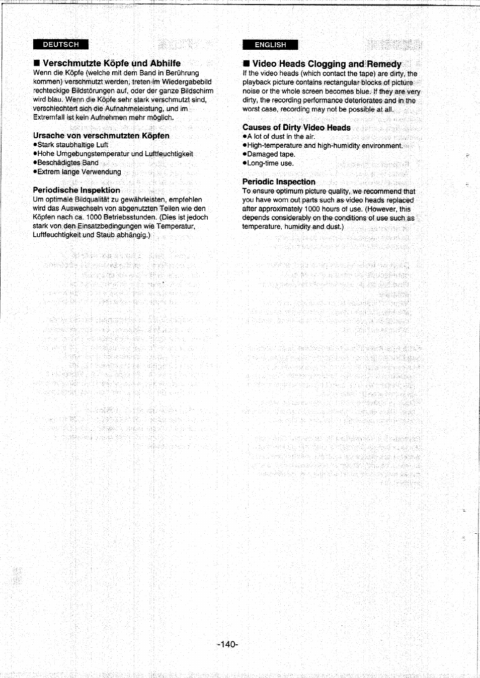 Verschmutzte köpfe und abhilfe, Ursache von verschmutzten köpfen, Periodische inspektion | Vìdeo heads clogging and remedy, Causes of dirty video heads, Periodic inspection, Verschmutzte videoköpfe und abhilfe, Video heads clogging and remedy | Panasonic NVDS5EG User Manual | Page 140 / 184