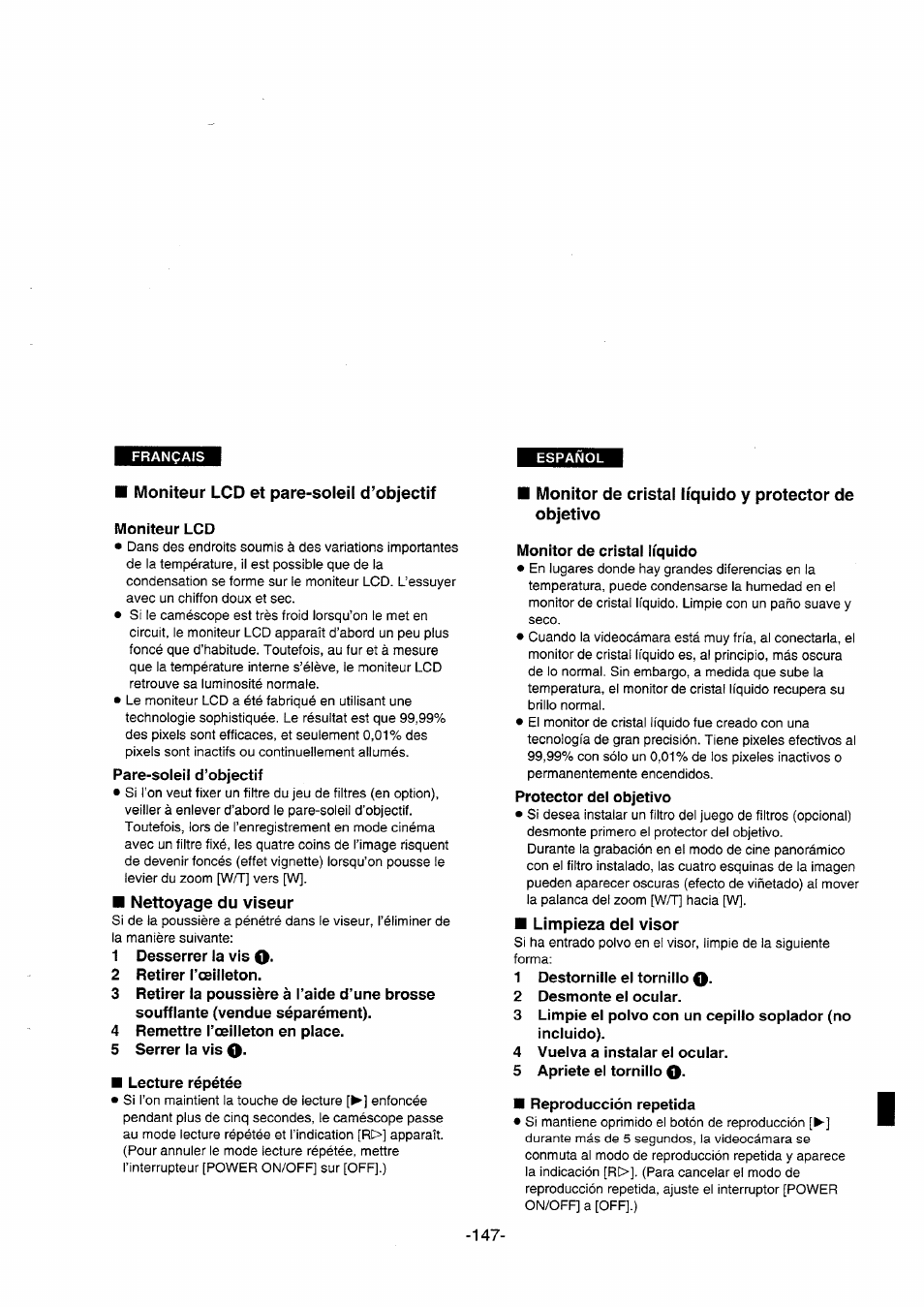 Moniteur lcd et pare-soleil d’objectif, Moniteur lcd, Pare-soleil d’objectif | Nettoyage du viseur, 1 desserrer la vis o, 2 retirer l’œilleton, 4 remettre l’œilleton en place, 5 serrer la vis o, Lecture répétée, Monitor de cristal líquido y protector de objetivo | Panasonic NVDS5EG User Manual | Page 147 / 184