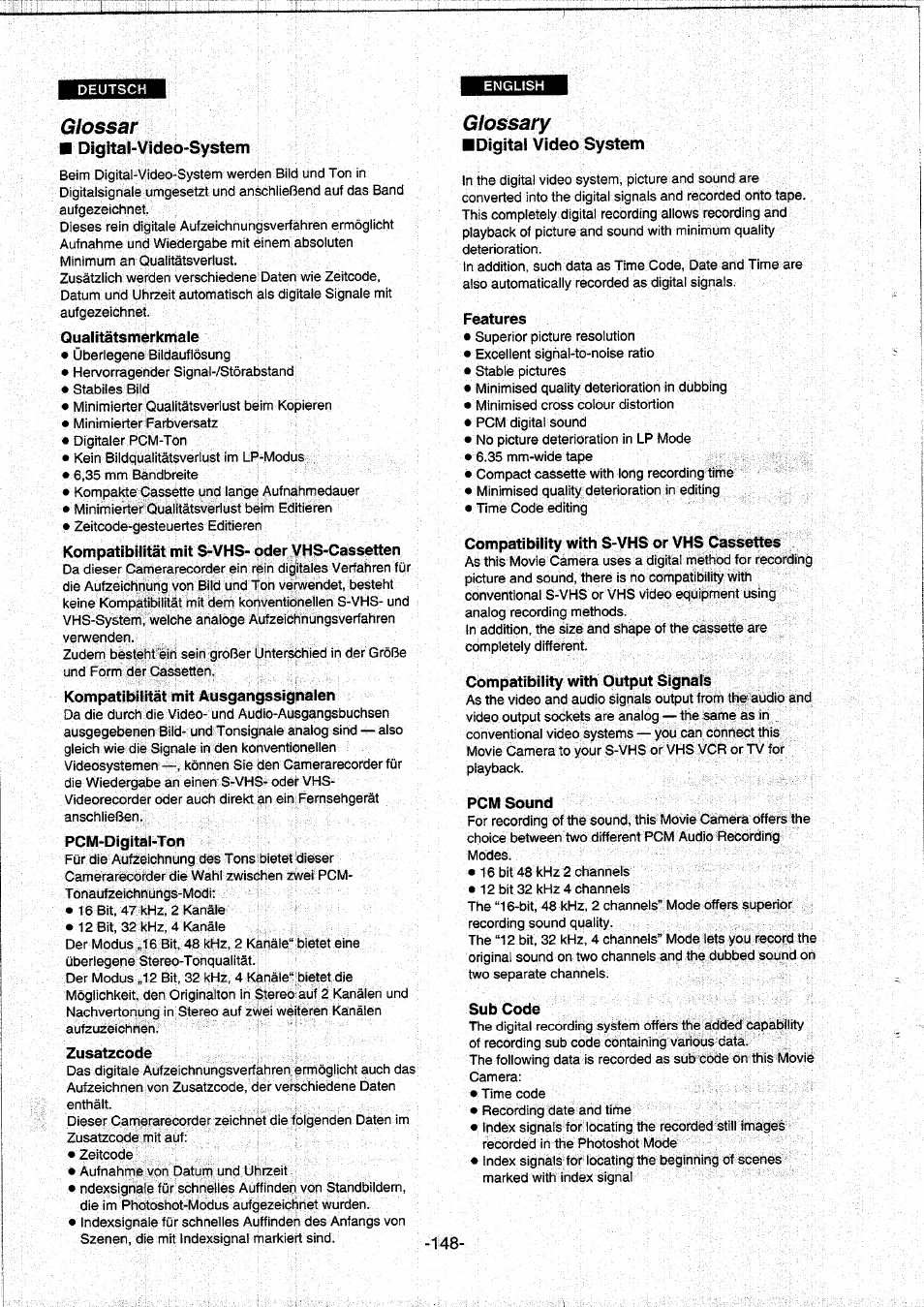 Glossar, Qualitätsmerkmale, Kompatibilität mit s-vhs- oder vhs-cassetten | Kompatibilität mit ausgangssignalen, Pcm-digital-ton, Zusatzcode, Glossary, Features, Compatibility with s-vhs or vhs cassettes, Compatibility with output signals | Panasonic NVDS5EG User Manual | Page 148 / 184