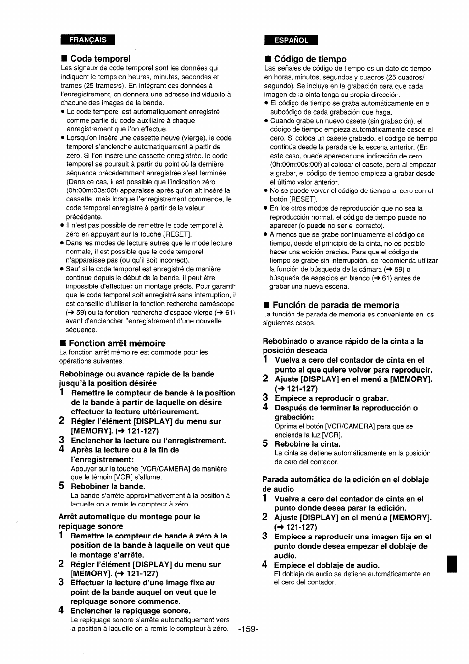 Código de tiempo, Función de parada de memoria, Code temporel | Fonction arrêt mémoire | Panasonic NVDS5EG User Manual | Page 159 / 184