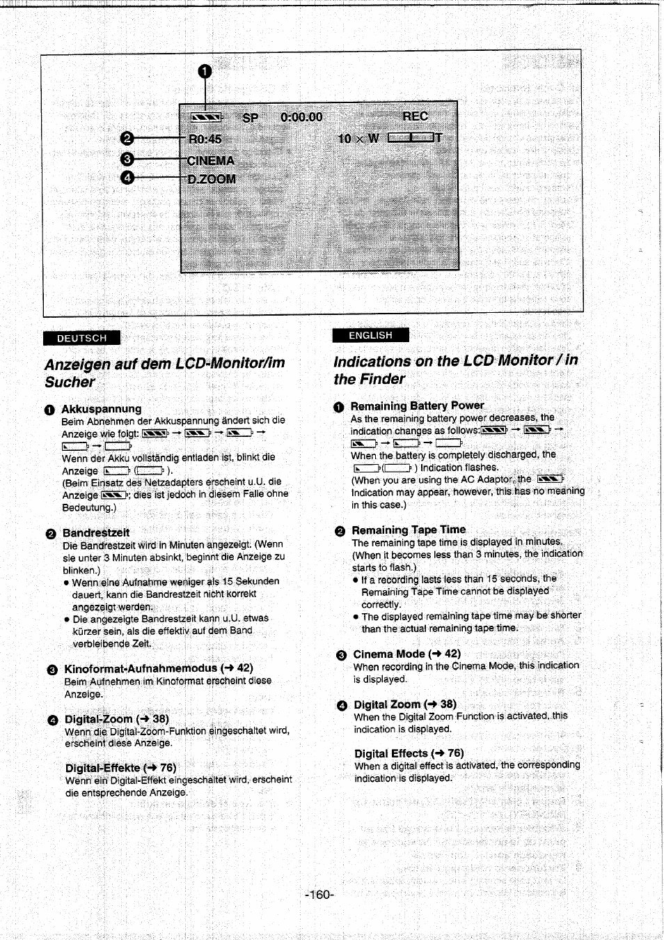 R0:45, Cinema, D.zoom | 00.00 rec, 10 x w i ~t~‘ it, Anzeigen auf dem lcd-monitor/im sucher, O akkuspannung, 0 bandrestzeit, E kinoformat'aufnahmemodus (-♦ 42), O digital-zoom (-♦ 38) | Panasonic NVDS5EG User Manual | Page 160 / 184