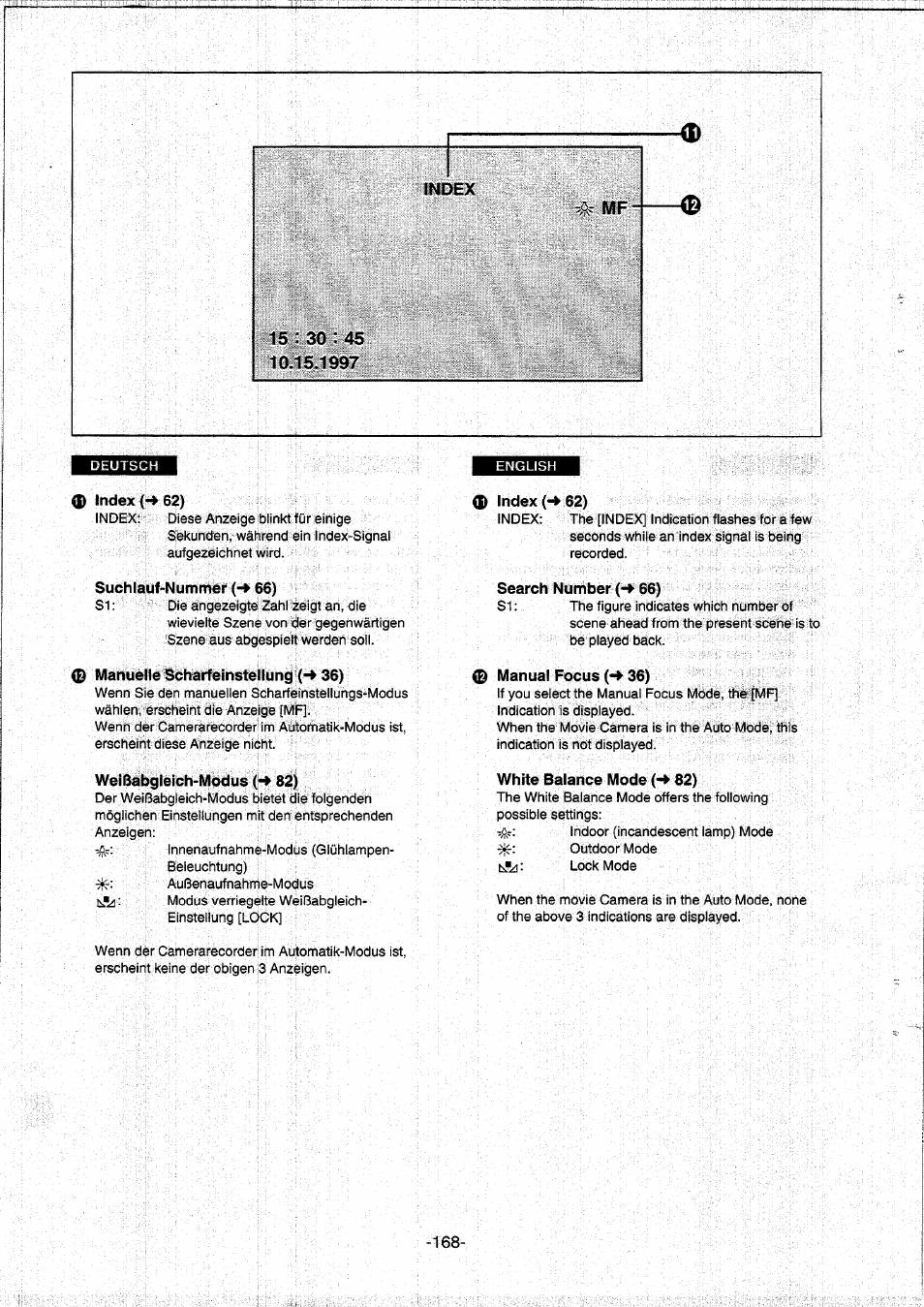 Index 62), Suchlauf-nummer 66), 0 manuelle scharfeinstellung 36) | Weißabgleich-modus 82), 0 index (<4 62), Search number (-» 66), 0 manual focus 36), White balance mode 82), Manual focus) | Panasonic NVDS5EG User Manual | Page 168 / 184