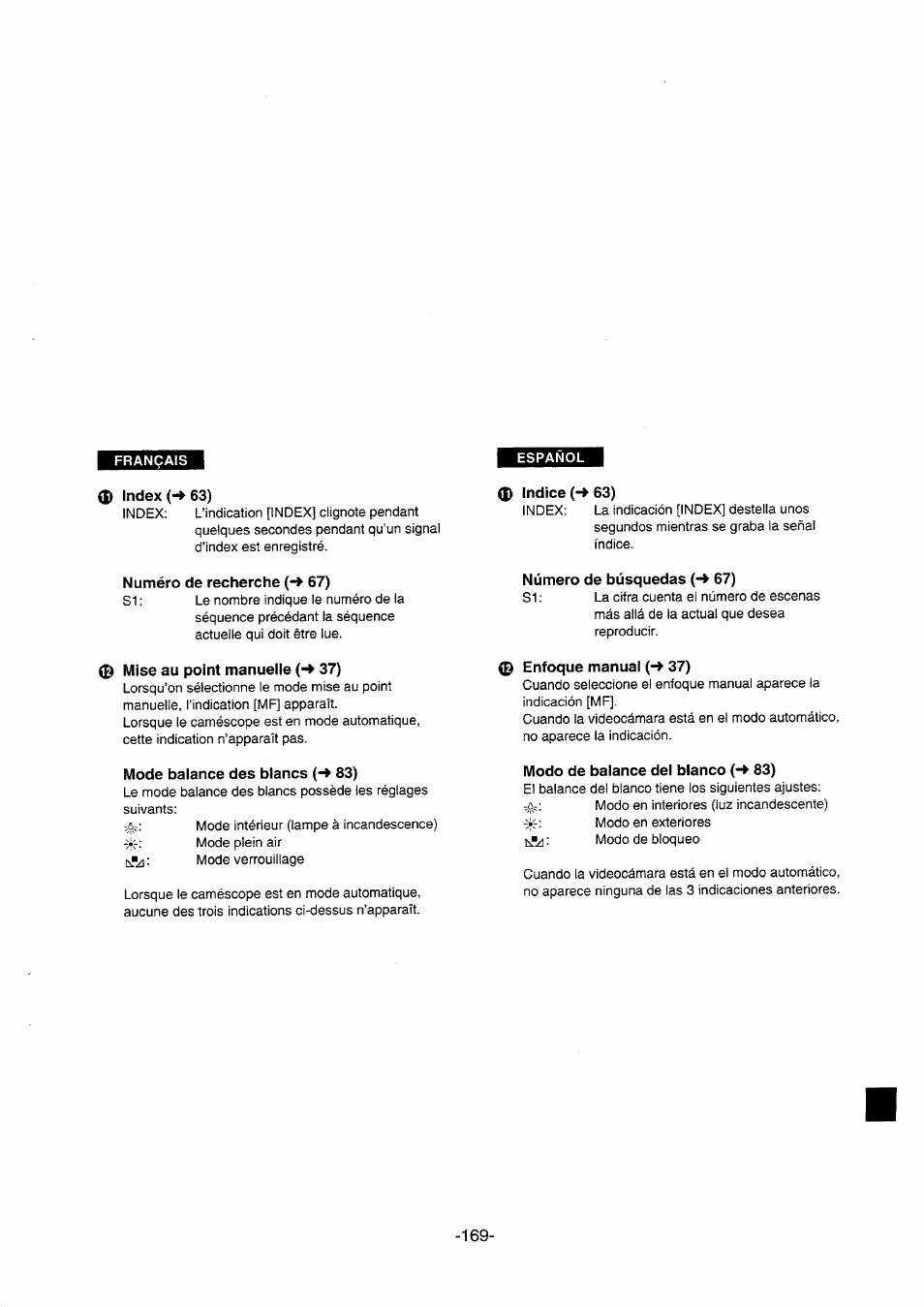 D) index (*^ 63), 0» indice (-> 63), Numéro de recherche (-» 67) | 0 mise au point manuelle (-♦ 37), Número de búsquedas (-» 67), Enfoque manual (-> 37), Mode balance des blancs 83), Modo de balance del blanco (-^ 83) | Panasonic NVDS5EG User Manual | Page 169 / 184