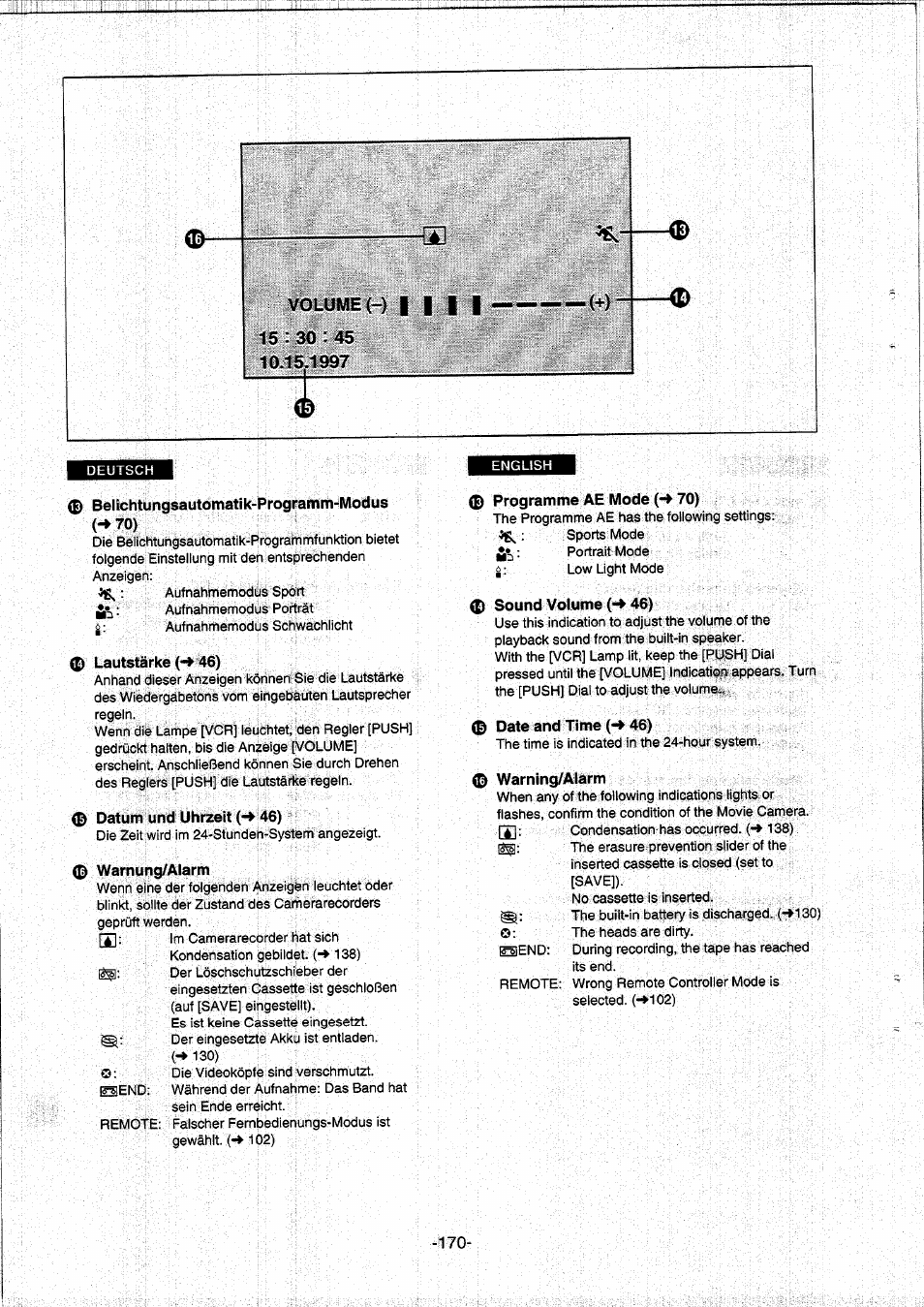 Volume (-) i i i i 15 : 30 : 45 10.15.1997, Belichtungsautomatik-programm-modus, Lautstärke (-►46) | 0 datum und uhrzeit (<^ 46), 0 warnung/alarm, Sound volume (-► 46), 0 date and time (^ 46), 0 warning/alarm, Belichtungsautomatik-programme) | Panasonic NVDS5EG User Manual | Page 170 / 184