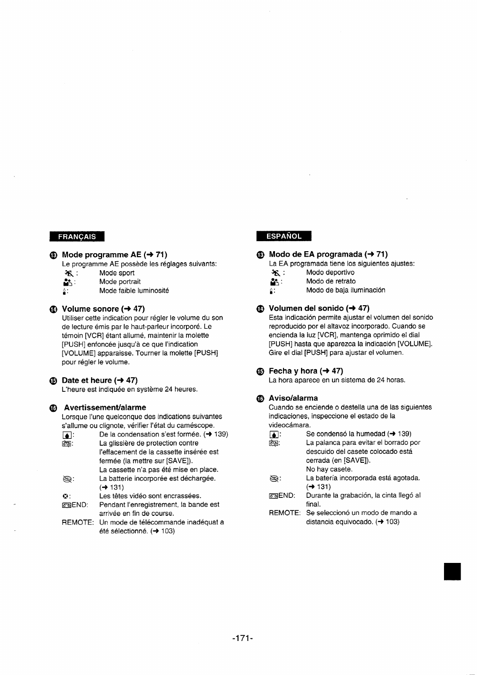 Volume sonore (-♦ 47), 0 date et heure (-» 47), Avertissement/alarme | 0 volumen del sonido 47), 0 fecha y hora (-> 47), 0 aviso/alarma | Panasonic NVDS5EG User Manual | Page 171 / 184