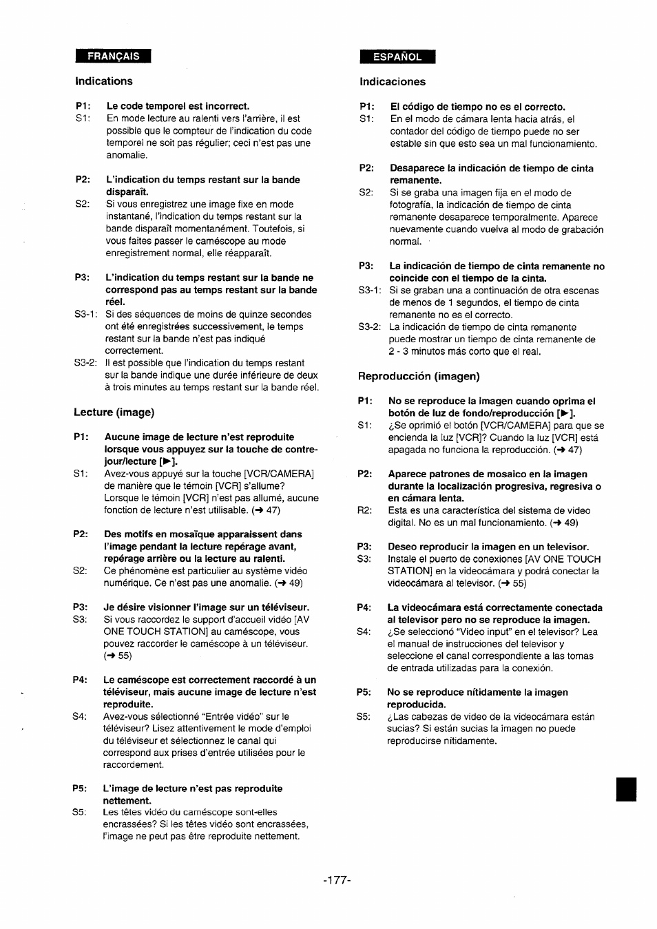 Indications, Indicaciones, Lecture (image) | Reproducción (imagen) | Panasonic NVDS5EG User Manual | Page 177 / 184