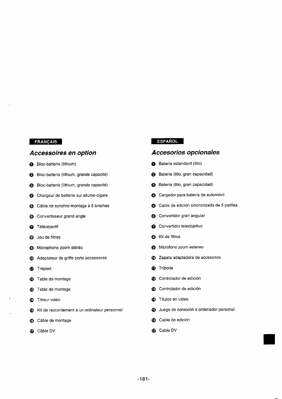 Accessoires en option, Accesorios opcionales | Panasonic NVDS5EG User Manual | Page 181 / 184