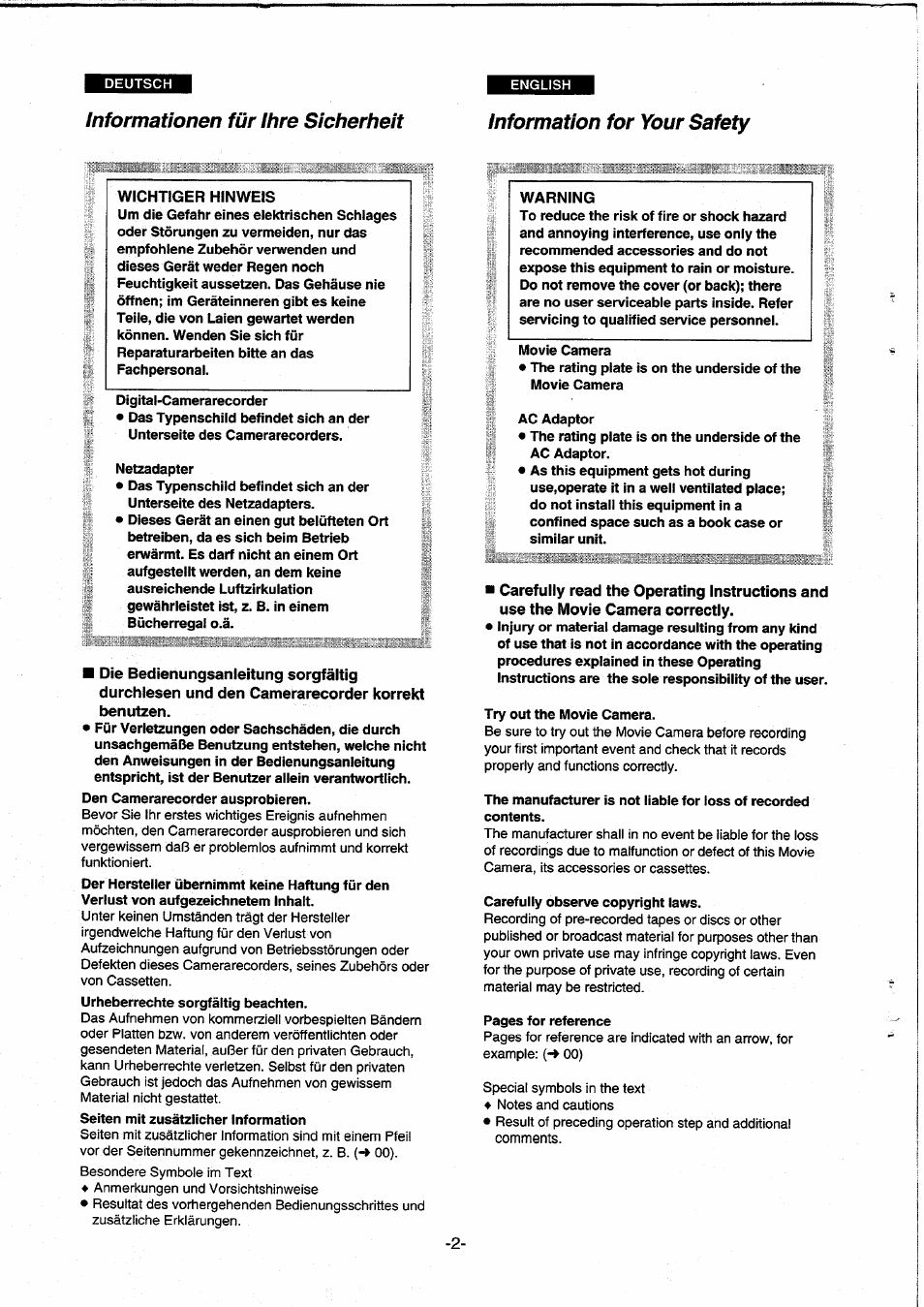 Information for your safety | Panasonic NVDS5EG User Manual | Page 2 / 184