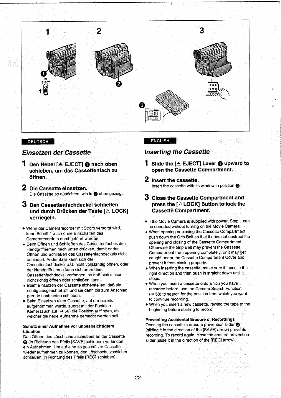 Einsetzen der cassette, Inserting the cassette, Einsetzen der gassette | Panasonic NVDS5EG User Manual | Page 22 / 184