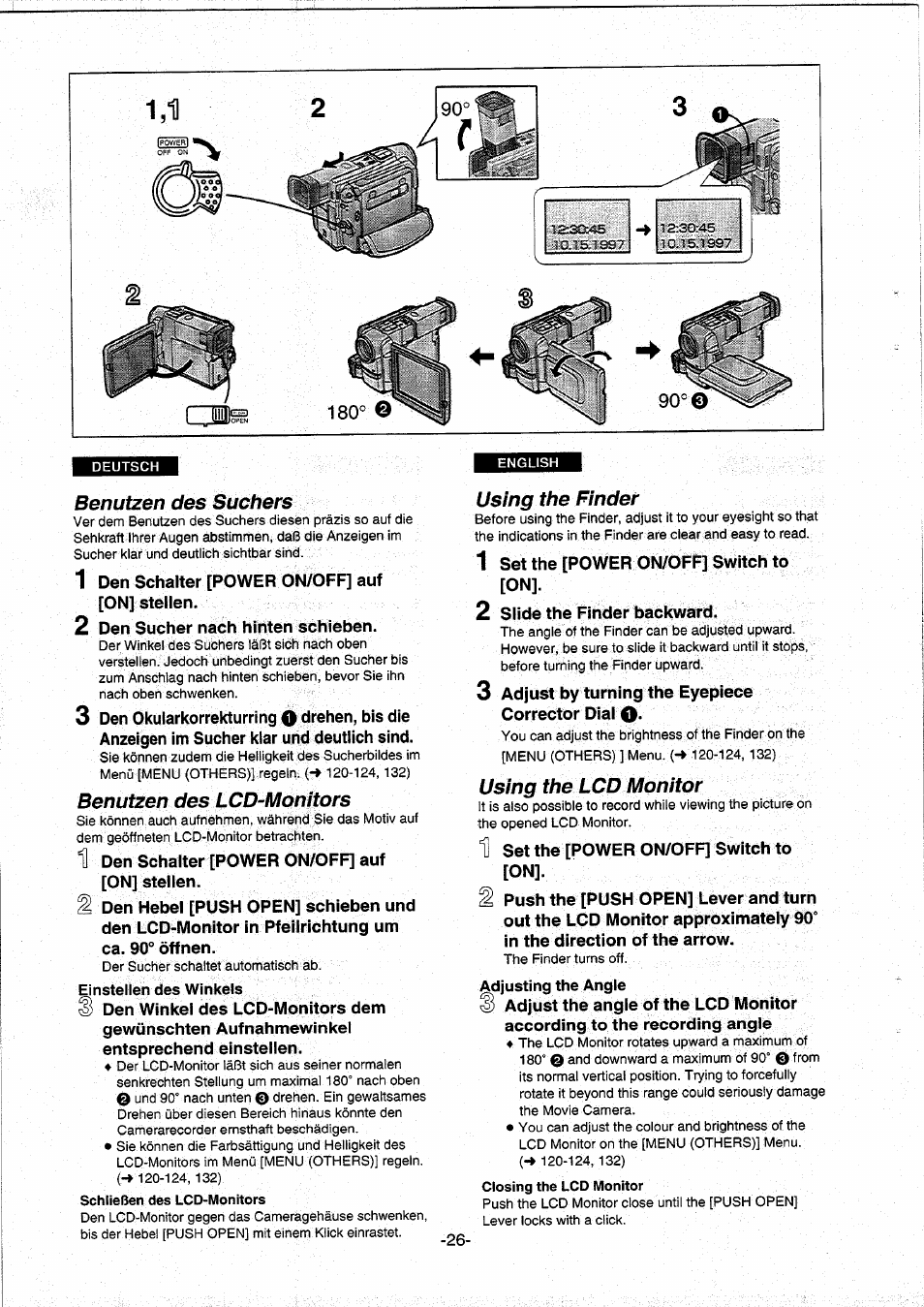 Clfe, Benutzen des suchers, Benutzen des lcd-monitors | Using the finder, Using the lcd monitor, Benutzen des suchers benutzen des lcd-monitors, Using the finder using the lcd monitor | Panasonic NVDS5EG User Manual | Page 26 / 184