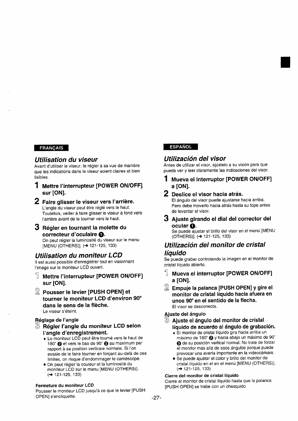 Utilisation du viseur, Utilisation du moniteur lcd, Utilización del visor | Utilización del monitor de cristal líquido, Utilisation du viseur utilisation du moniteur lcd | Panasonic NVDS5EG User Manual | Page 27 / 184