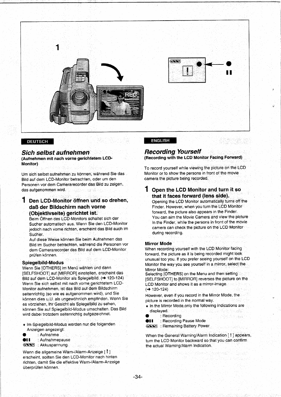 Sich selbst aufnehmen, Spiegelbild-modus, Recording yourself | Mirror mode | Panasonic NVDS5EG User Manual | Page 34 / 184