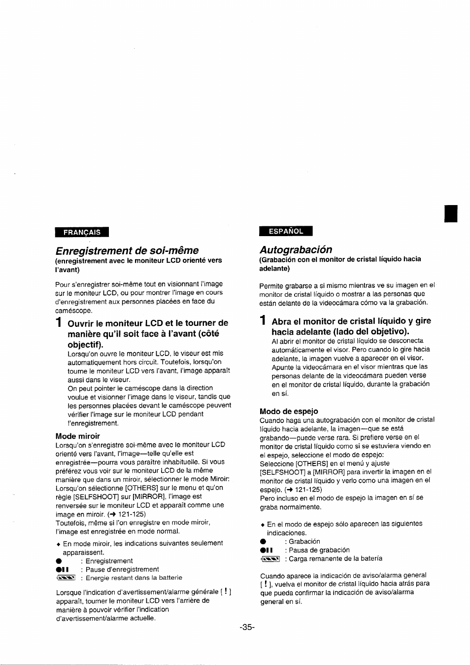 Enregistrement de soi-même, Mode miroir, Modo de espejo | Autograbación | Panasonic NVDS5EG User Manual | Page 35 / 184