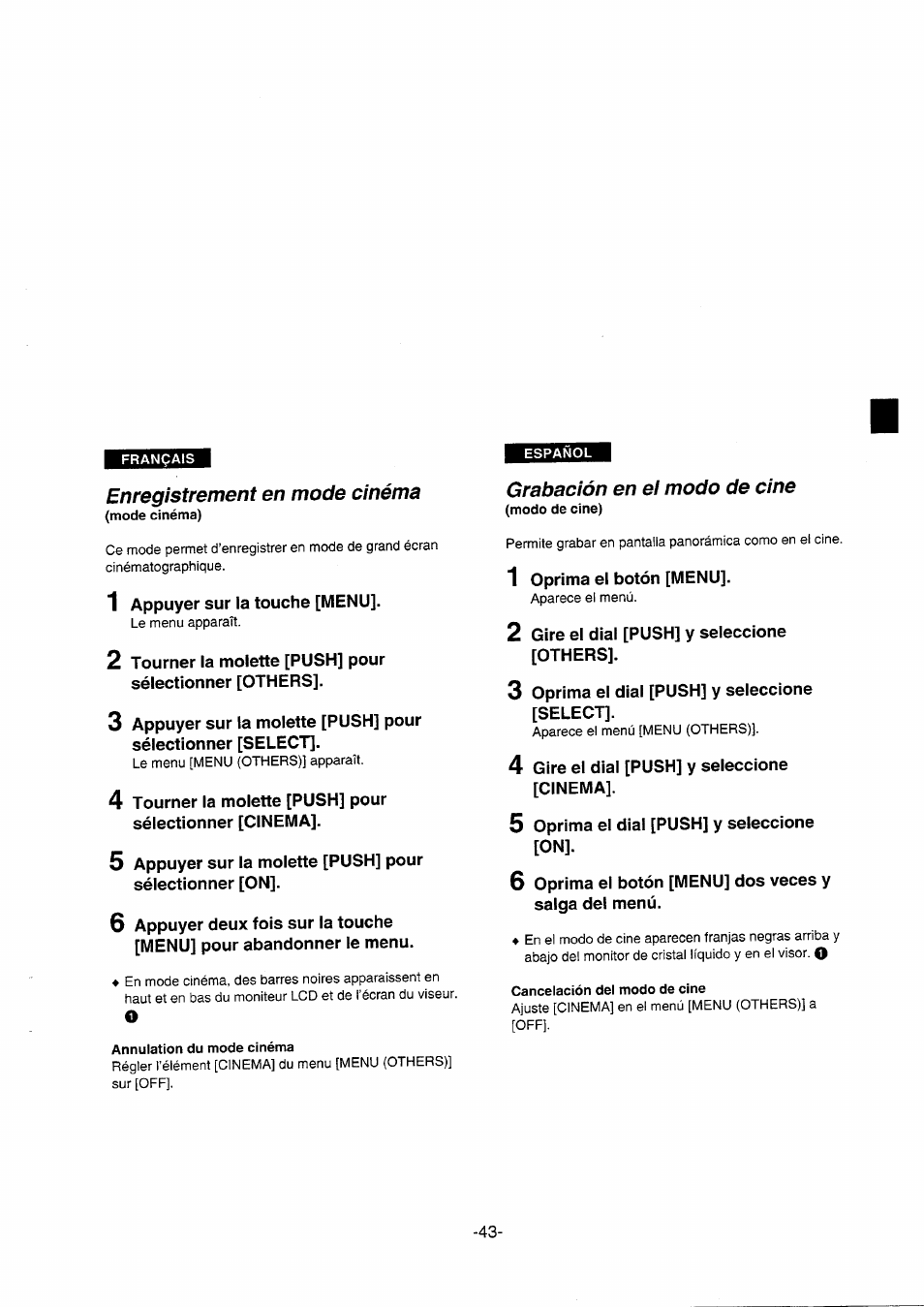 Enregistrement en mode cinéma, Grabación en el modo de cine | Panasonic NVDS5EG User Manual | Page 43 / 184