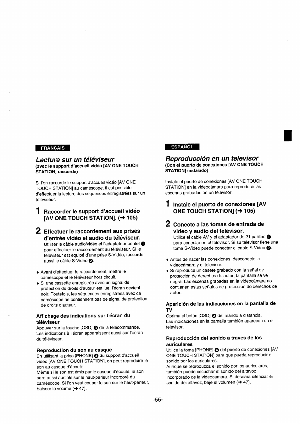 Lecture sur un téléviseur, Reproduction du son au casque, Reproducción en un televisor | Aparición de ias indicaciones en la pantalla de tv | Panasonic NVDS5EG User Manual | Page 55 / 184