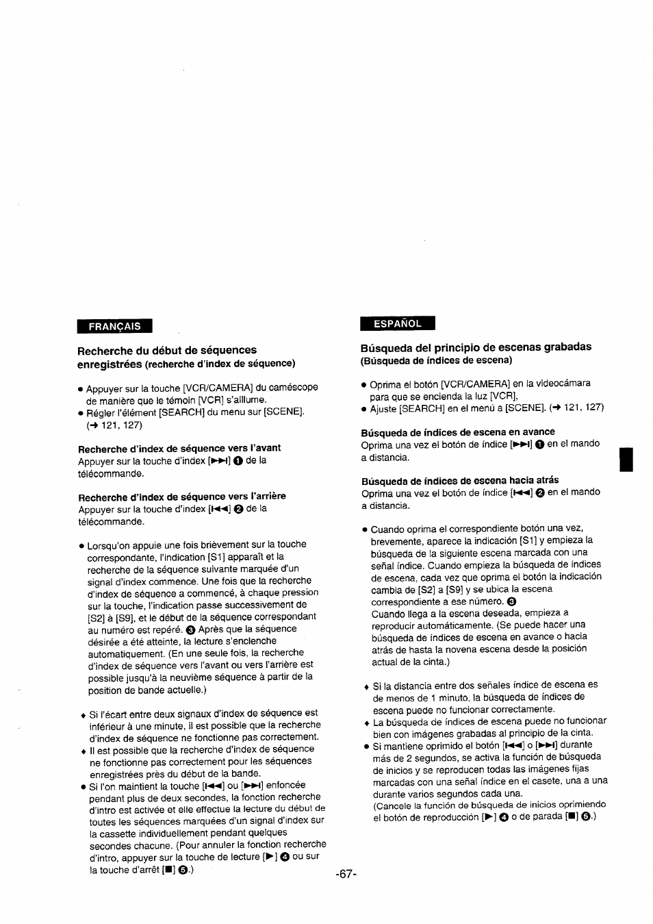 Recherche du début de séquences, Búsqueda del principio de escenas grabadas, O ou | Panasonic NVDS5EG User Manual | Page 67 / 184