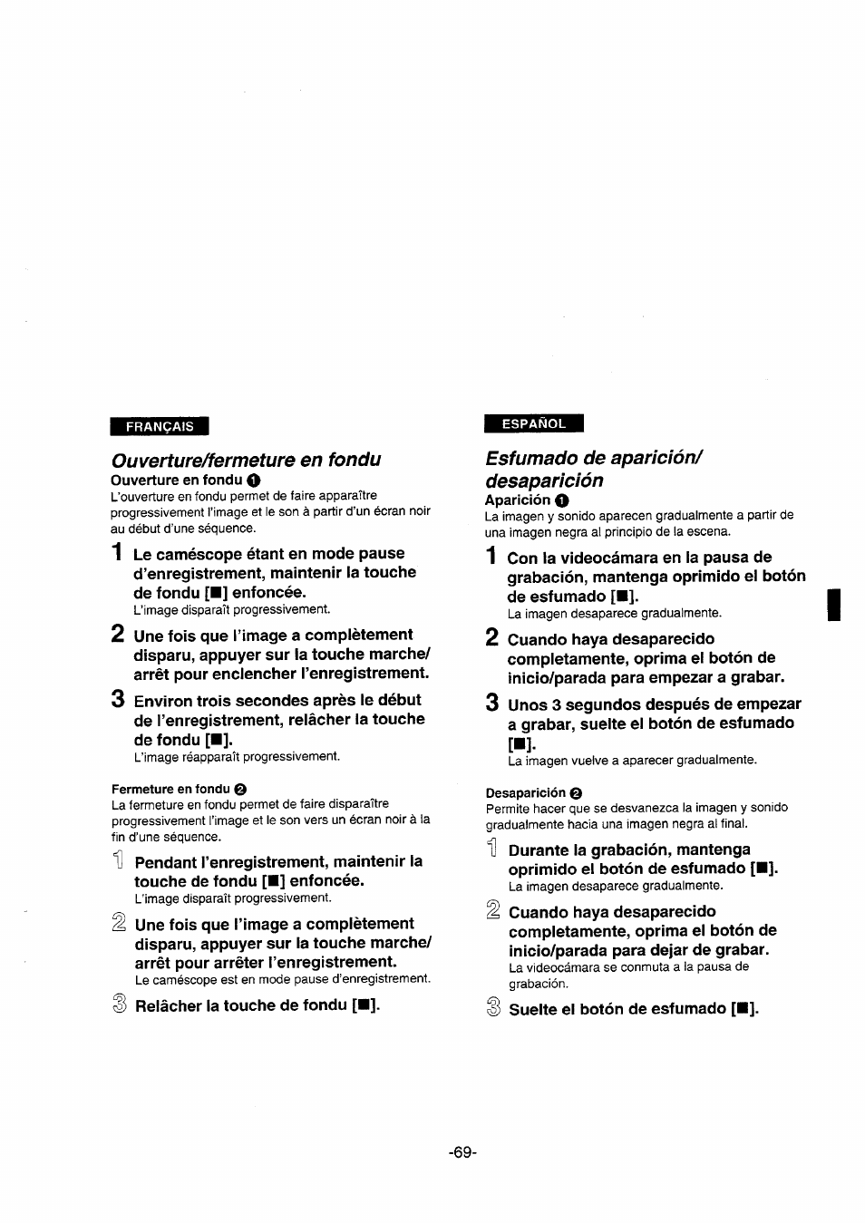 Ouverture/fermeture en fondu, Esfumado de aparición/ desaparición, Esfumado de aparición/desaparición | Panasonic NVDS5EG User Manual | Page 69 / 184