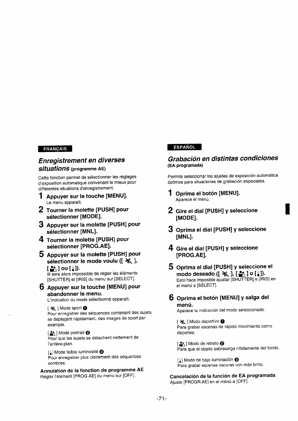 Enregistrement en diverses, Grabación en distintas condiciones, Fc]ou[â]) | Panasonic NVDS5EG User Manual | Page 71 / 184