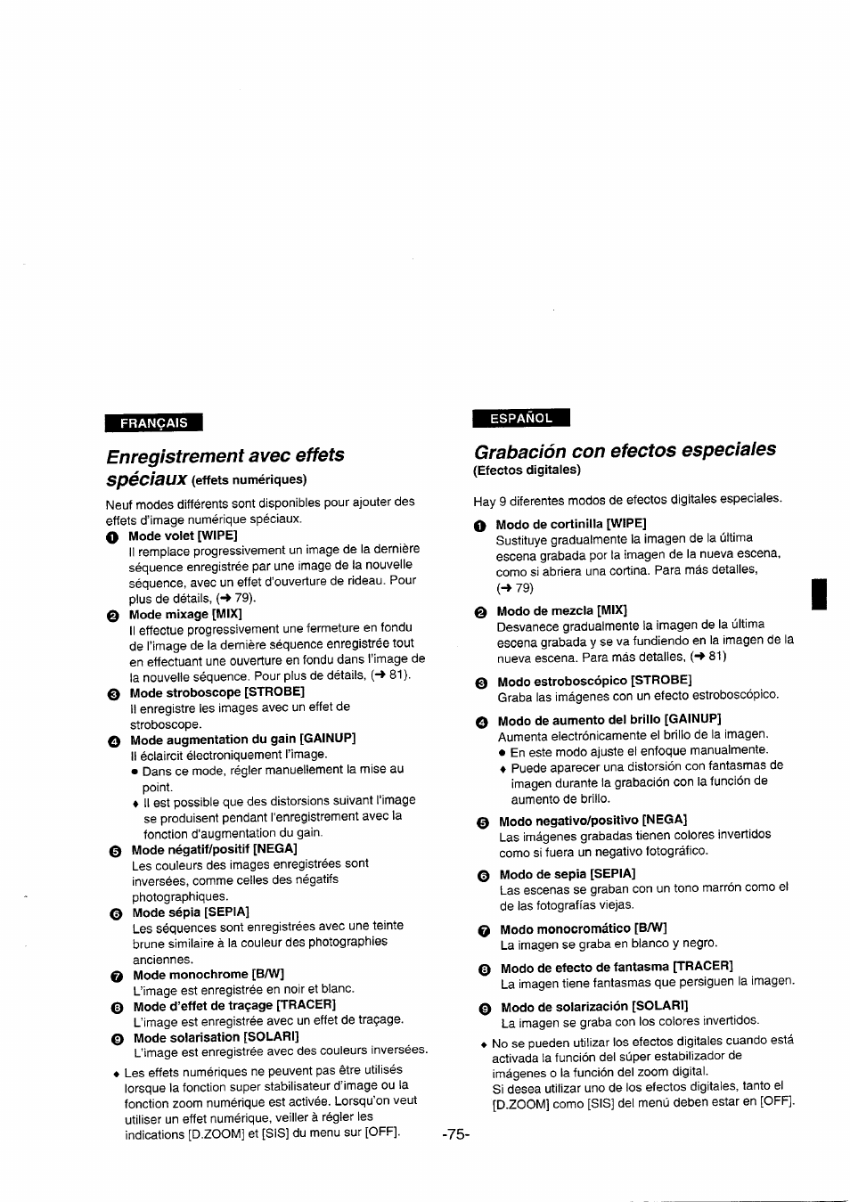 Enregistrement avec effets, Enregistrement avec effets spéciaux, Grabación con efectos especiales | Panasonic NVDS5EG User Manual | Page 75 / 184