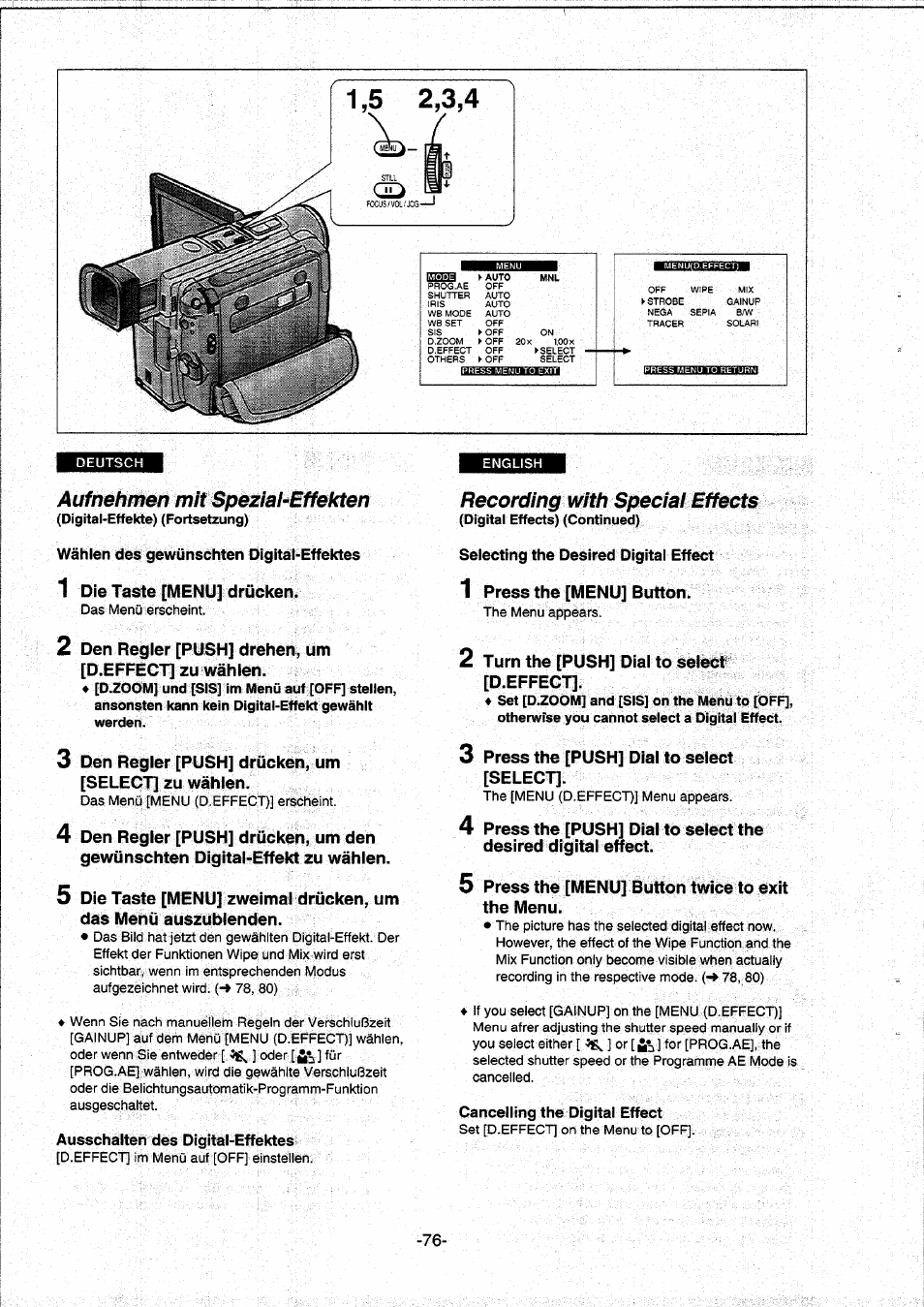 Auf nehmen mit speziaheffekten, Wählen des gewünschten digital^effelctes, Ausschalten des digital-effektes | Recording with speciai effects, Selecting the desired digital effect, Cancelling the digital effect, Aufnehmen mit besonderen effekten | Panasonic NVDS5EG User Manual | Page 76 / 184
