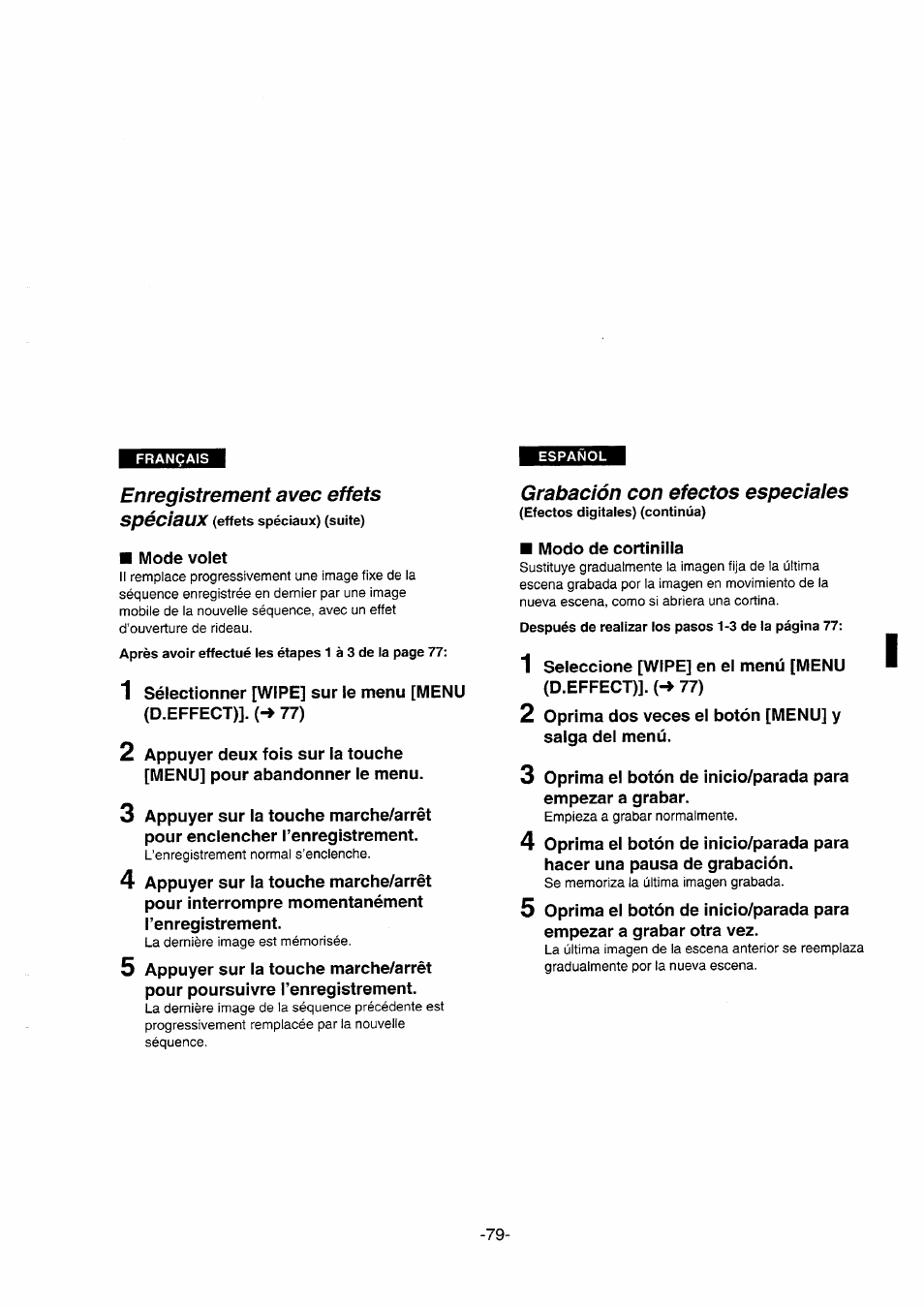 Enregistrement avec effets spéciaux, Grabación con efectos especiales | Panasonic NVDS5EG User Manual | Page 79 / 184