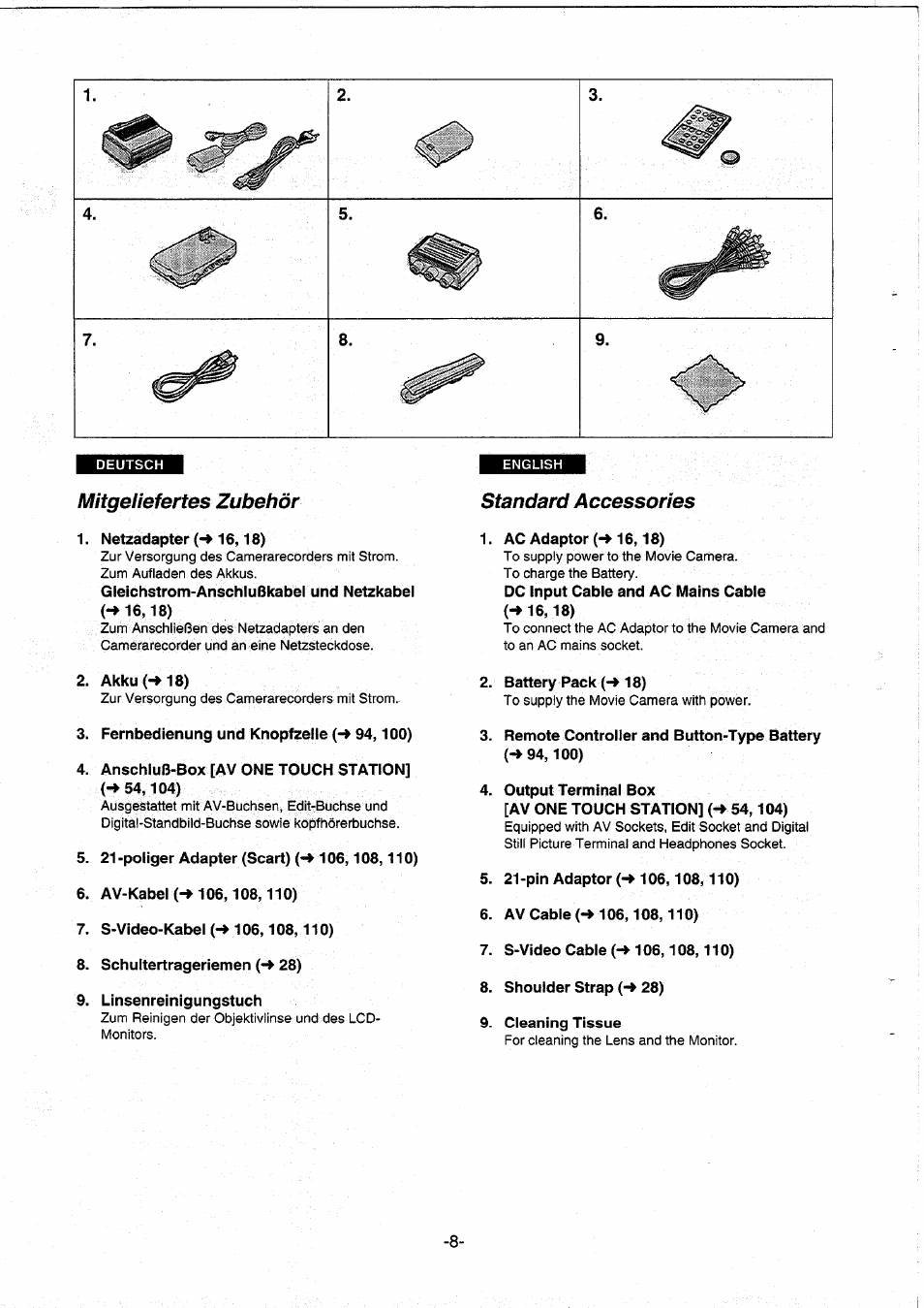 Mitgeliefertes zubehör, Standard accessories | Panasonic NVDS5EG User Manual | Page 8 / 184