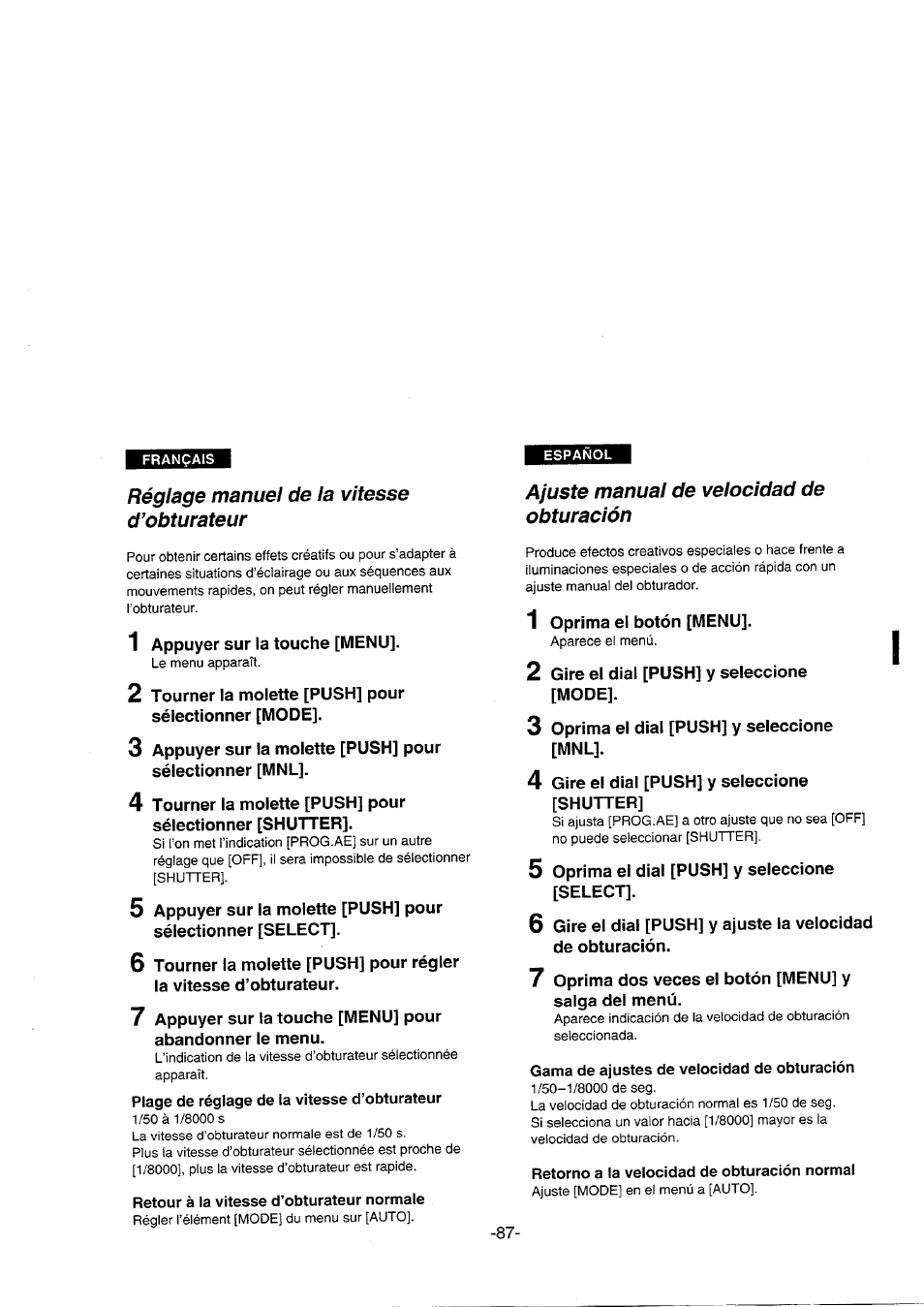 Réglage manuel de la vitesse d’obturateur, Plage de réglage de la vitesse d’obturateur, Retour à la vitesse d’obturateur normale | Ajuste manual de velocidad de obturación, Gama de ajustes de velocidad de obturación, Retorno a la velocidad de obturación normal | Panasonic NVDS5EG User Manual | Page 87 / 184