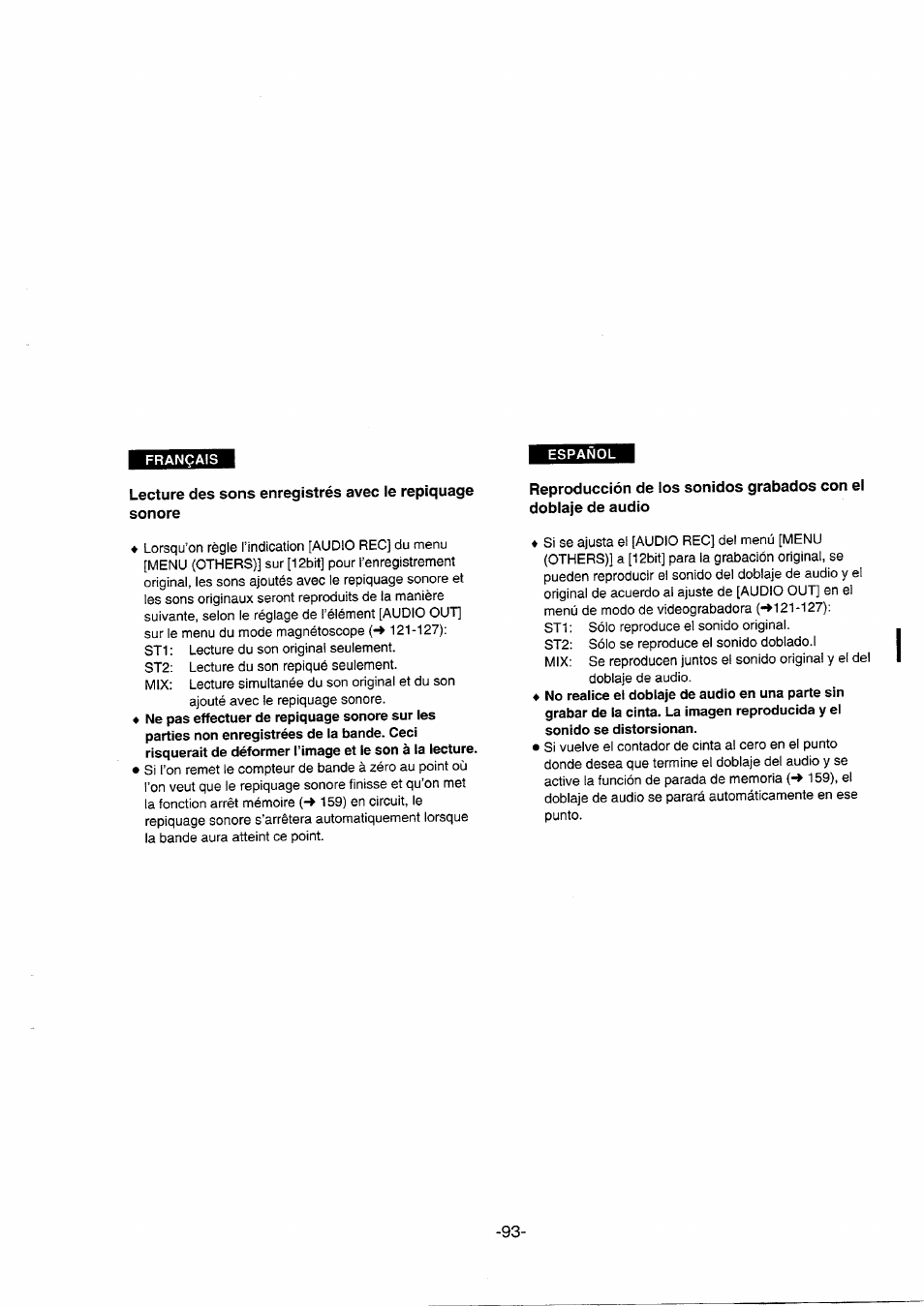 Reproducción de los sonidos grabados con el, Doblaje de audio, Doblaje de audio) | Panasonic NVDS5EG User Manual | Page 93 / 184