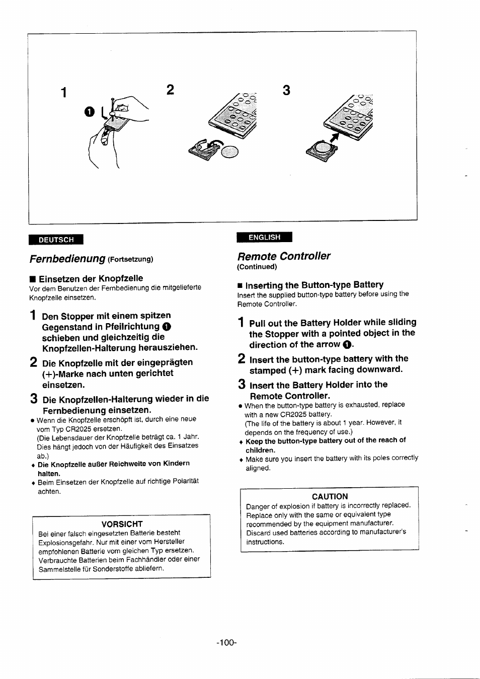 Vorsicht, Remote controller, Fernbedienung | Panasonic NVDS5EG User Manual | Page 99 / 184