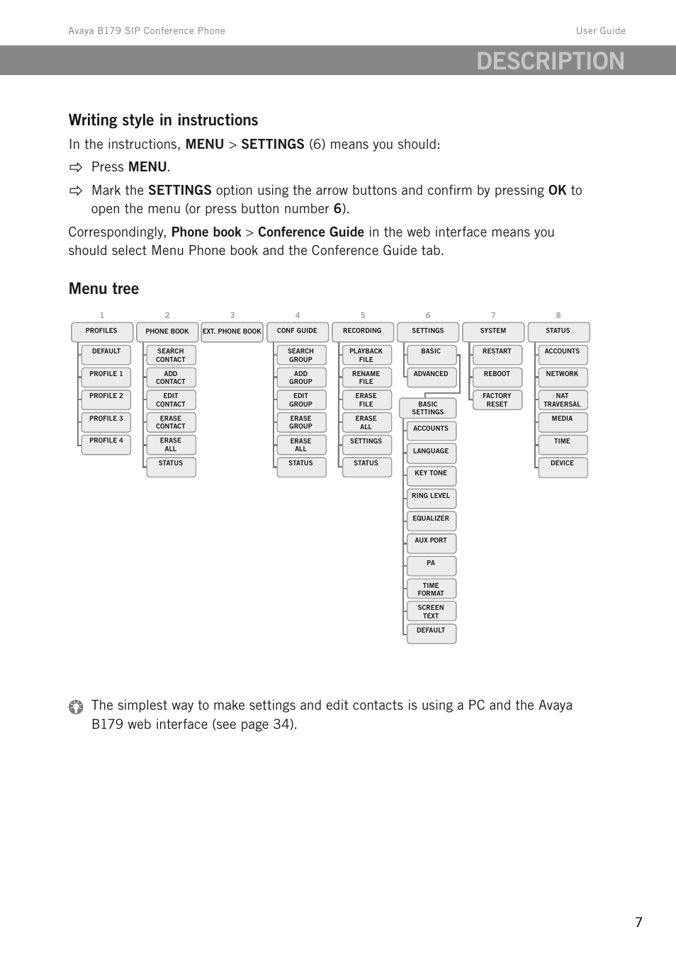 Description, Writing style in instructions, Menu tree | Press menu | Avaya B179 User Manual | Page 11 / 54
