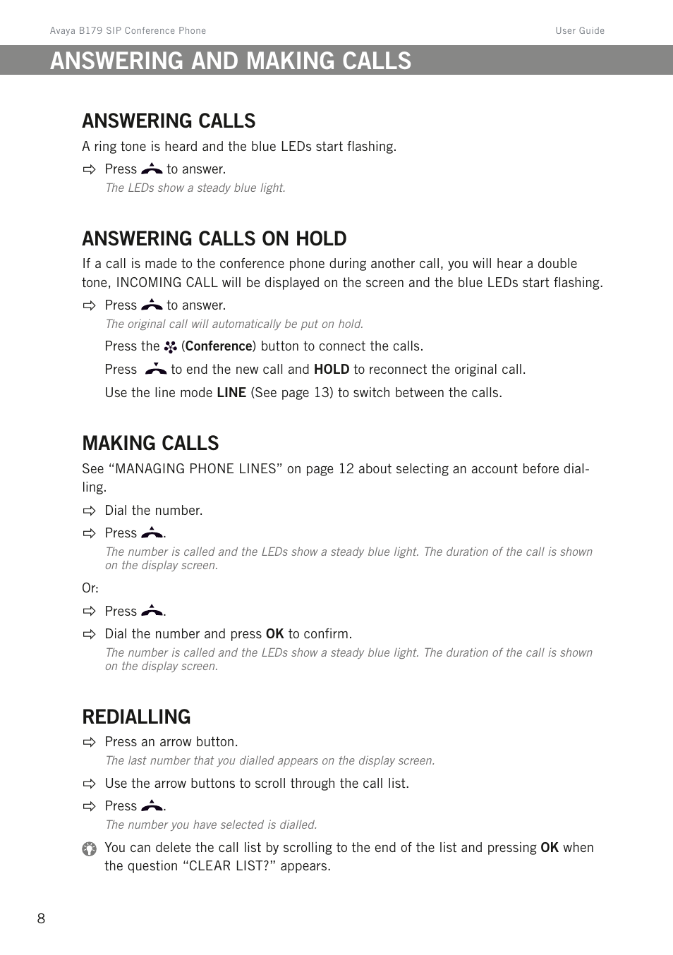 Answering and making calls, Answering calls, Answering calls on hold | Making calls, Redialling | Avaya B179 User Manual | Page 12 / 54