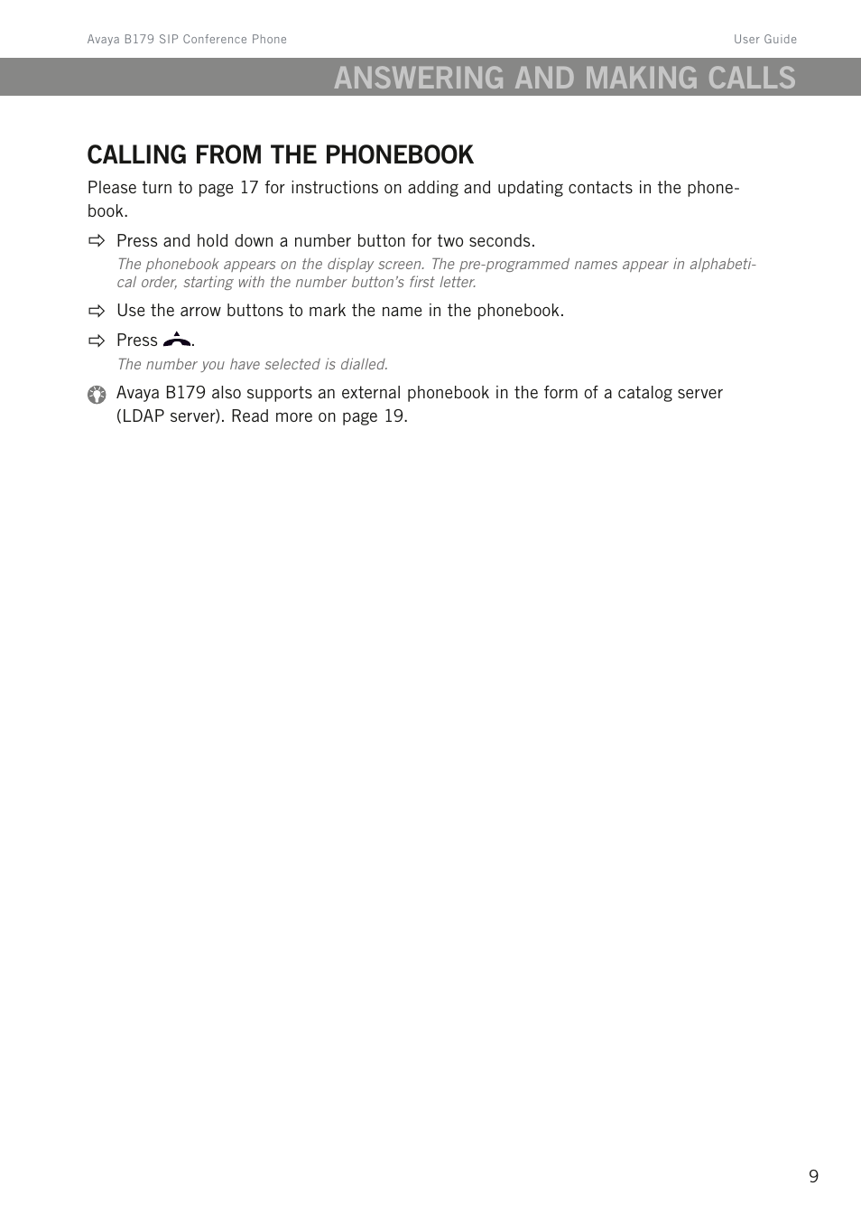 Calling from the phonebook, Answering and making calls | Avaya B179 User Manual | Page 13 / 54