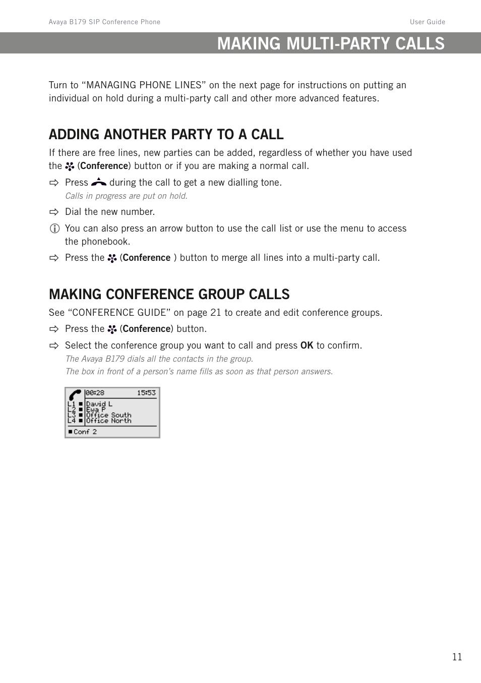 Making multi-party calls, Adding another party to a call, Making conference group calls | Avaya B179 User Manual | Page 15 / 54
