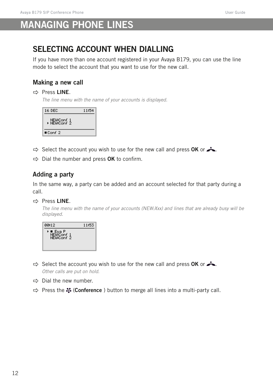 Managing phone lines, Selecting account when dialling | Avaya B179 User Manual | Page 16 / 54