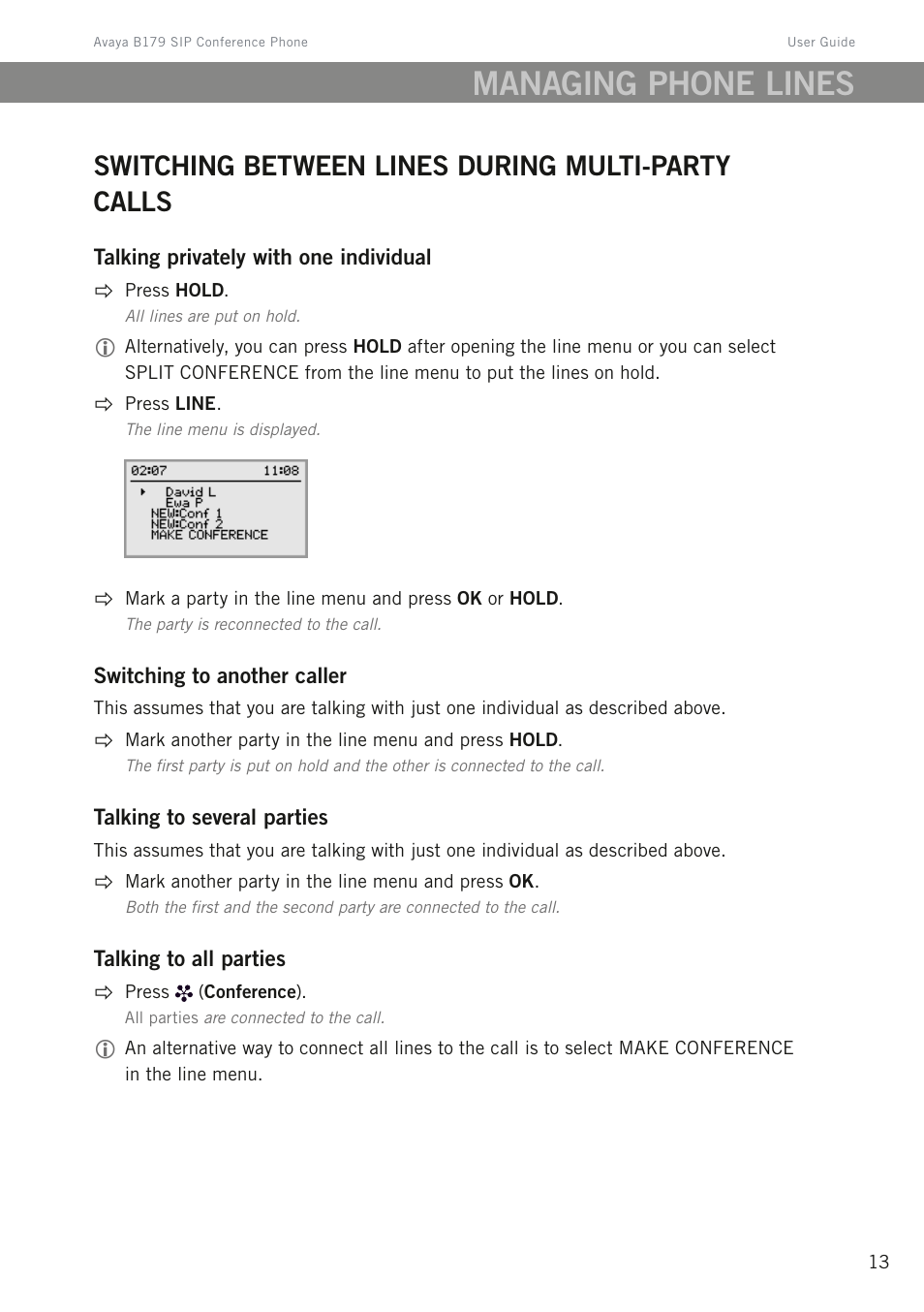 Switching between lines during multi-party calls, Managing phone lines | Avaya B179 User Manual | Page 17 / 54